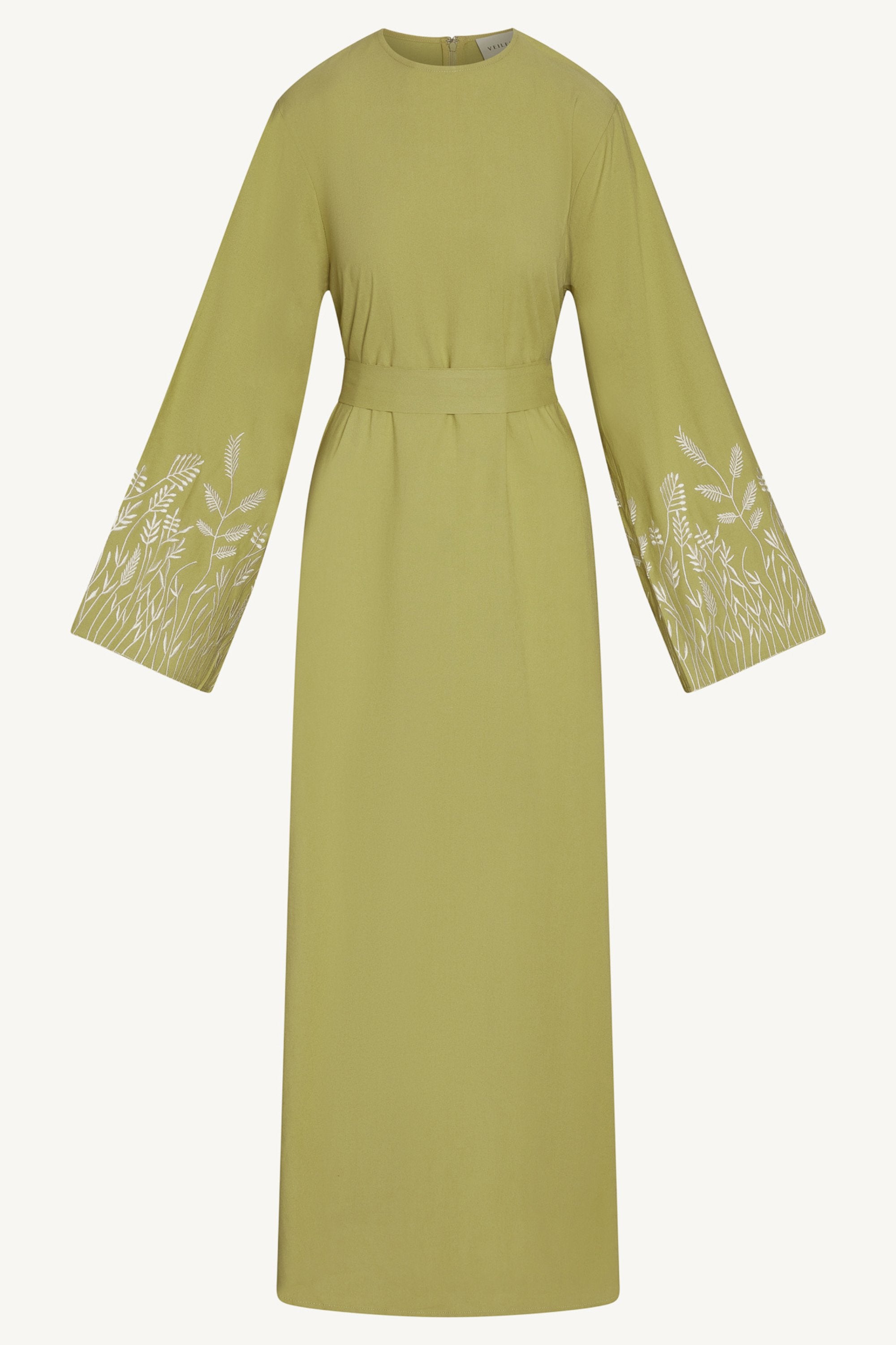 Linen Embroidered Maxi Dress - Citron Abayas Veiled