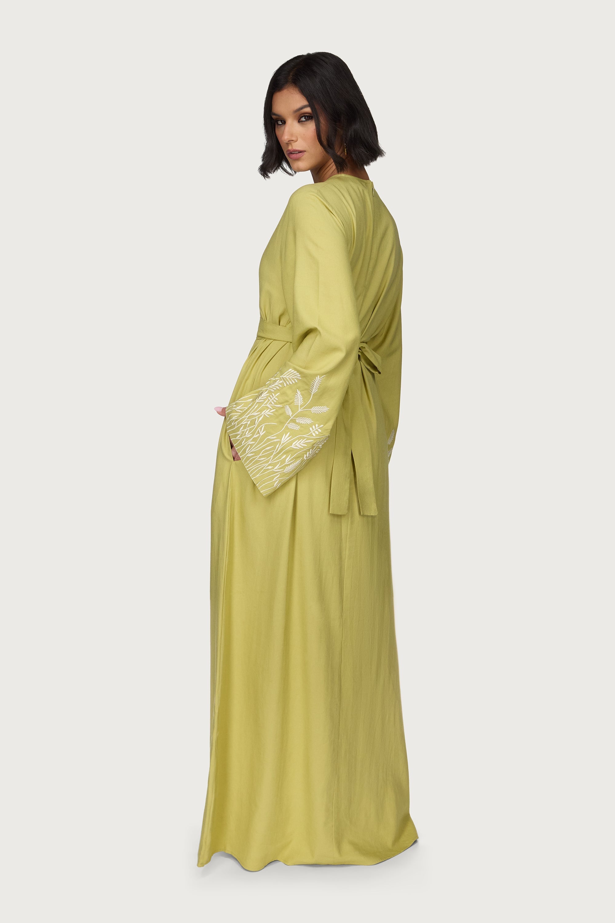Linen Embroidered Maxi Dress - Citron Abayas Veiled