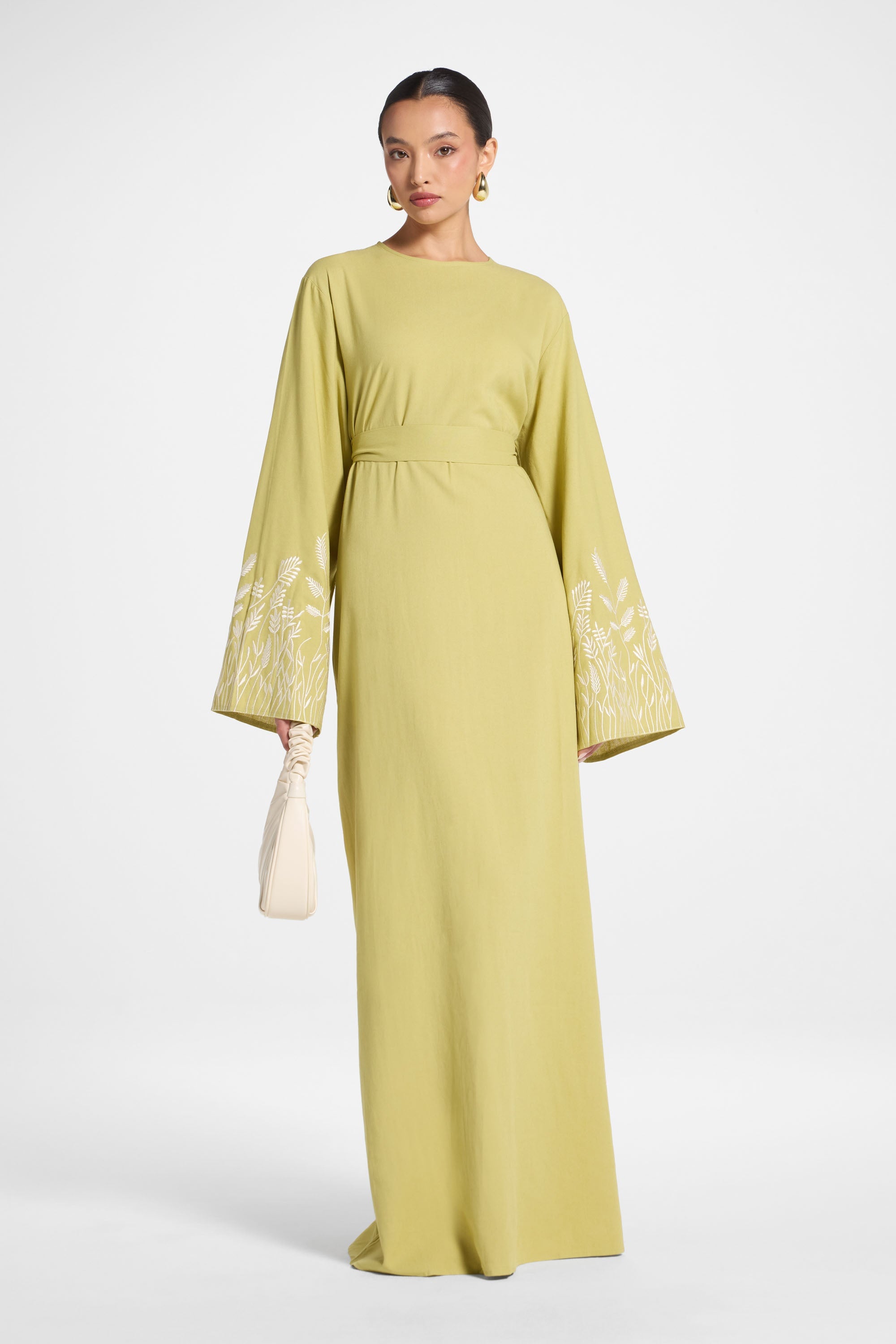 Linen Embroidered Maxi Dress - Citron Abayas Veiled