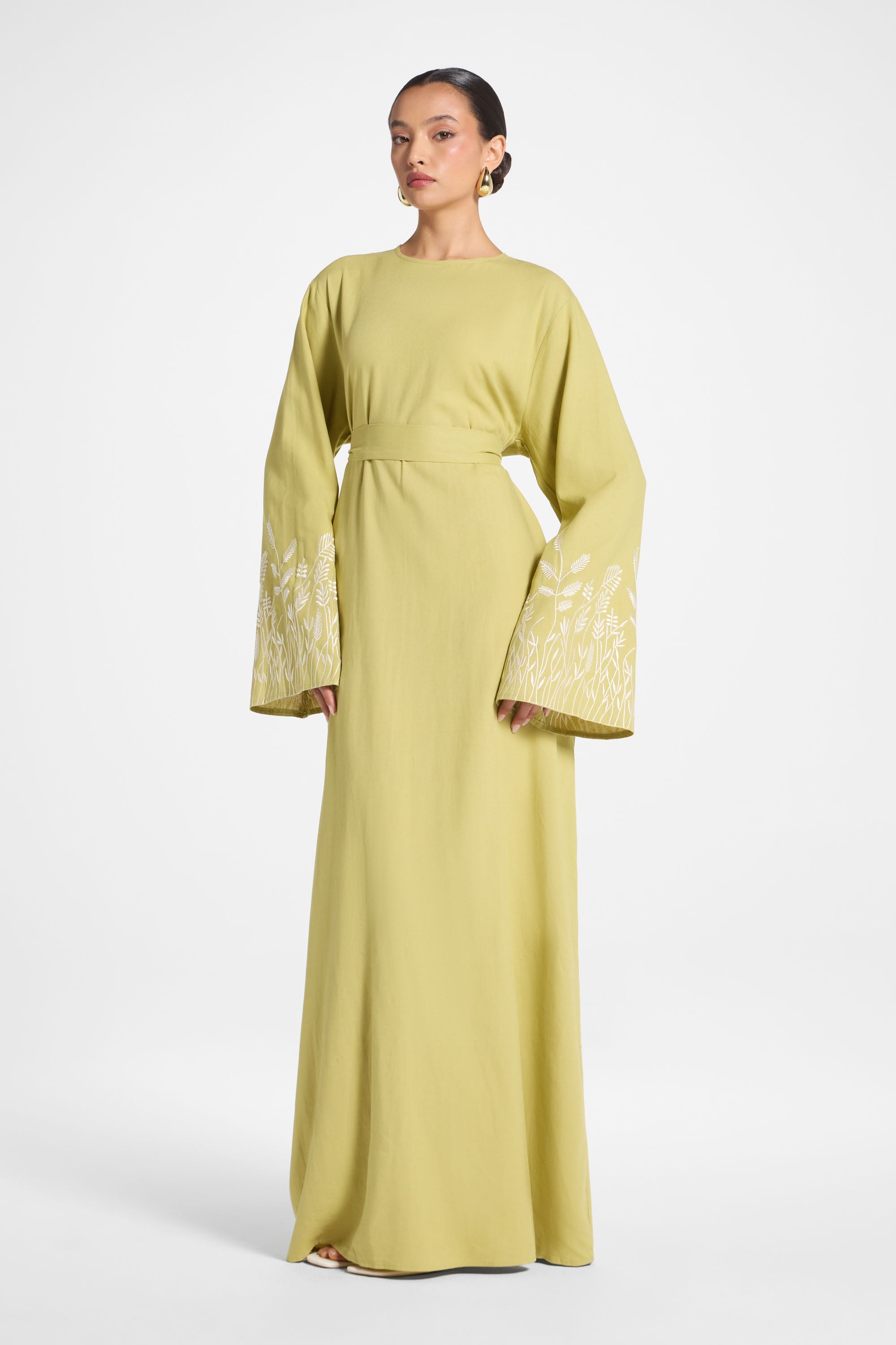 Linen Embroidered Maxi Dress - Citron Abayas Veiled