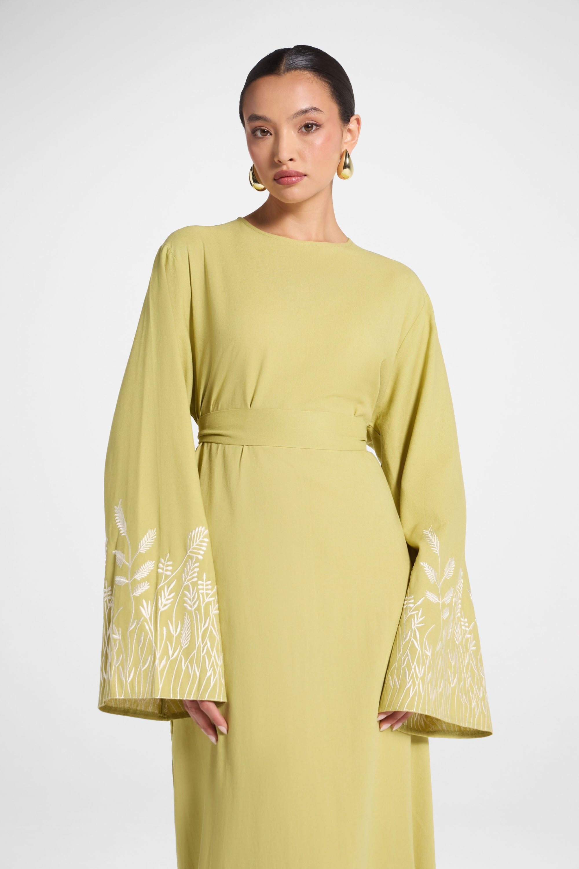 Linen Embroidered Maxi Dress - Citron Abayas Veiled