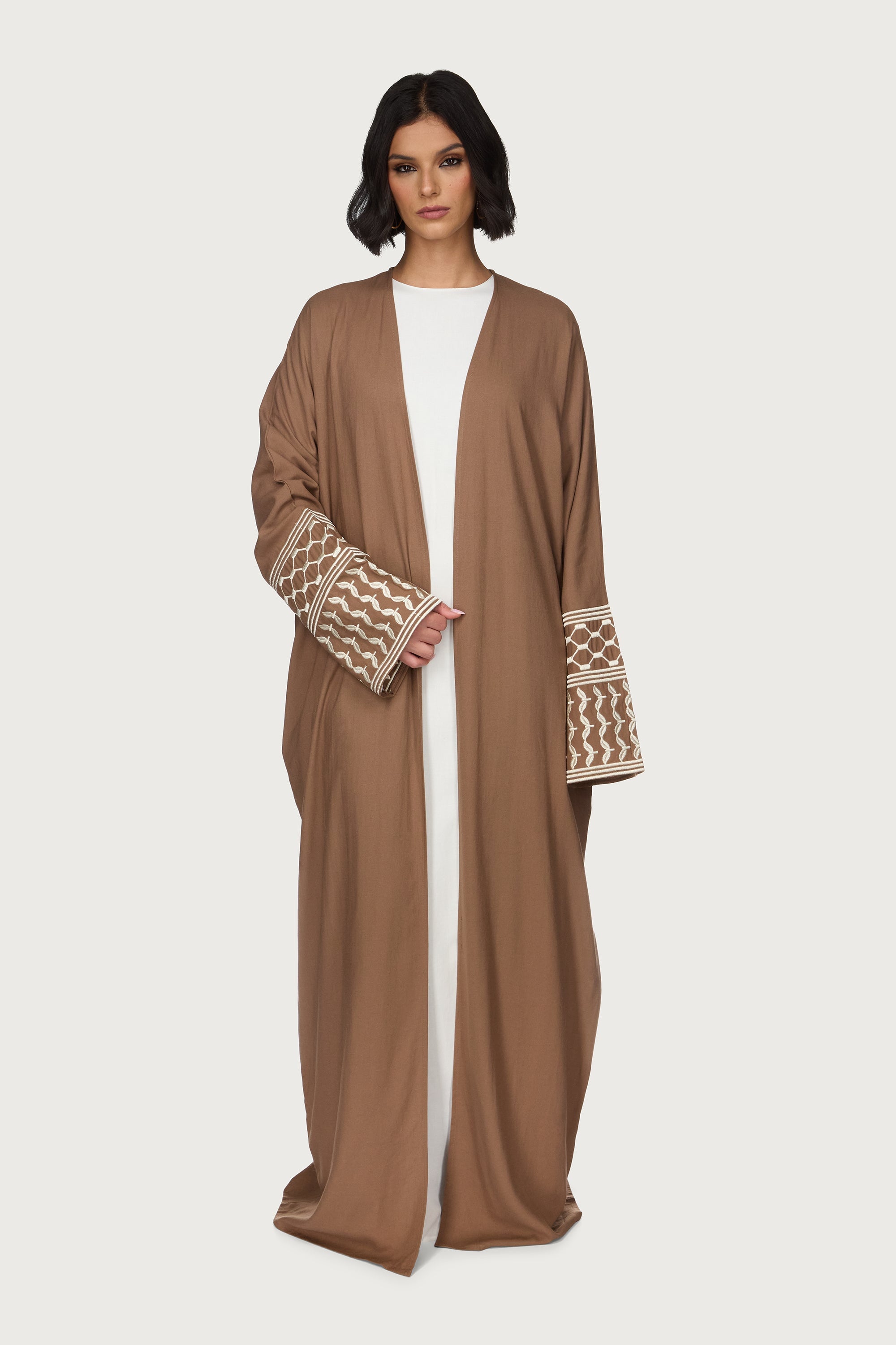 Linen Embroidered Open Abaya - Brown Abayas Veiled