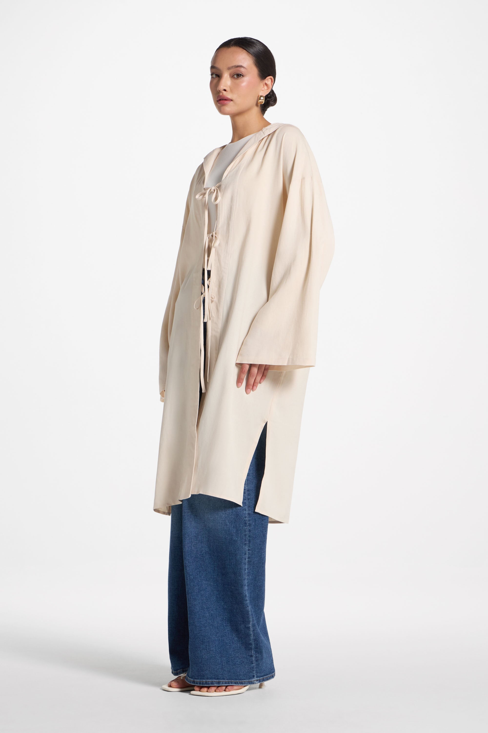 Linen Tie Front Top - Off White Abayas Veiled