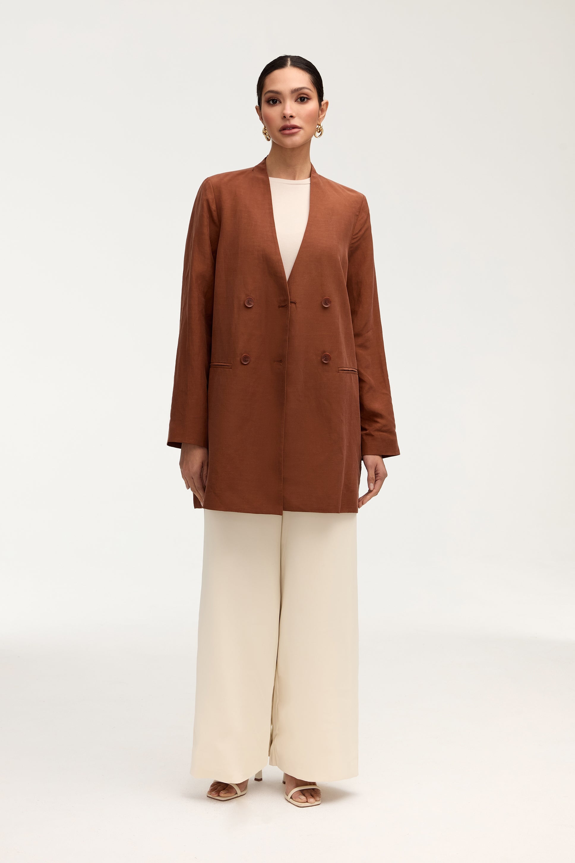 Longline Cupro Linen Oversized Blazer - Baked Clay Jackets Veiled Collection 