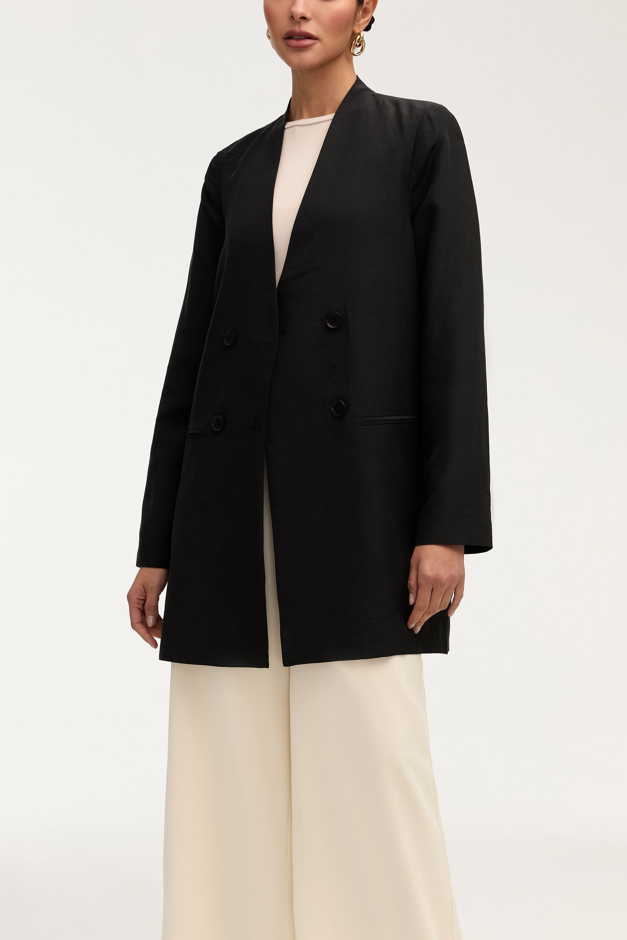 Longline Cupro Linen Oversized Blazer - Black Jackets Veiled Collection 