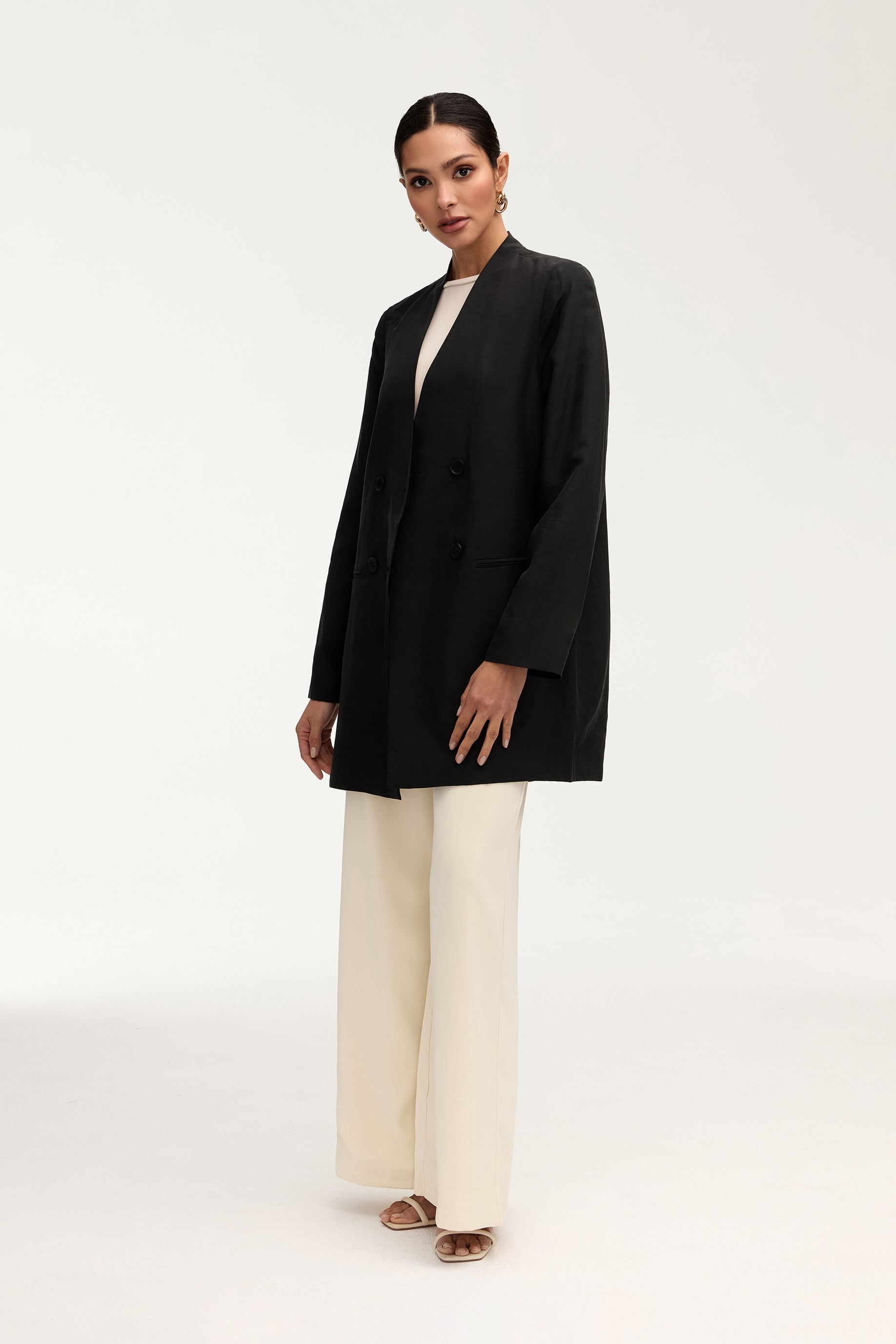 Longline Cupro Linen Oversized Blazer - Black Jackets Veiled Collection 