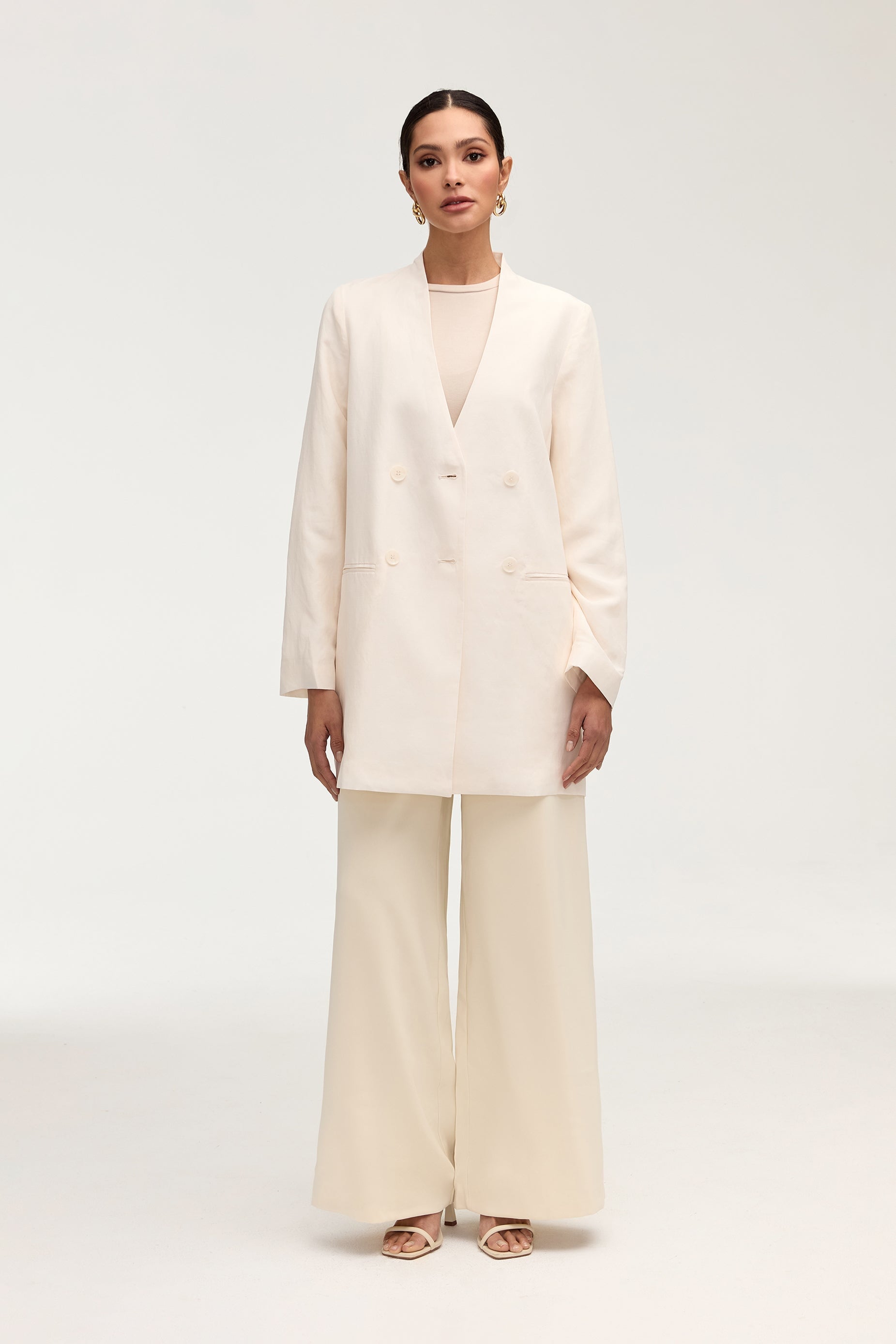 Longline Cupro Linen Oversized Blazer - Off White Jackets Veiled Collection 