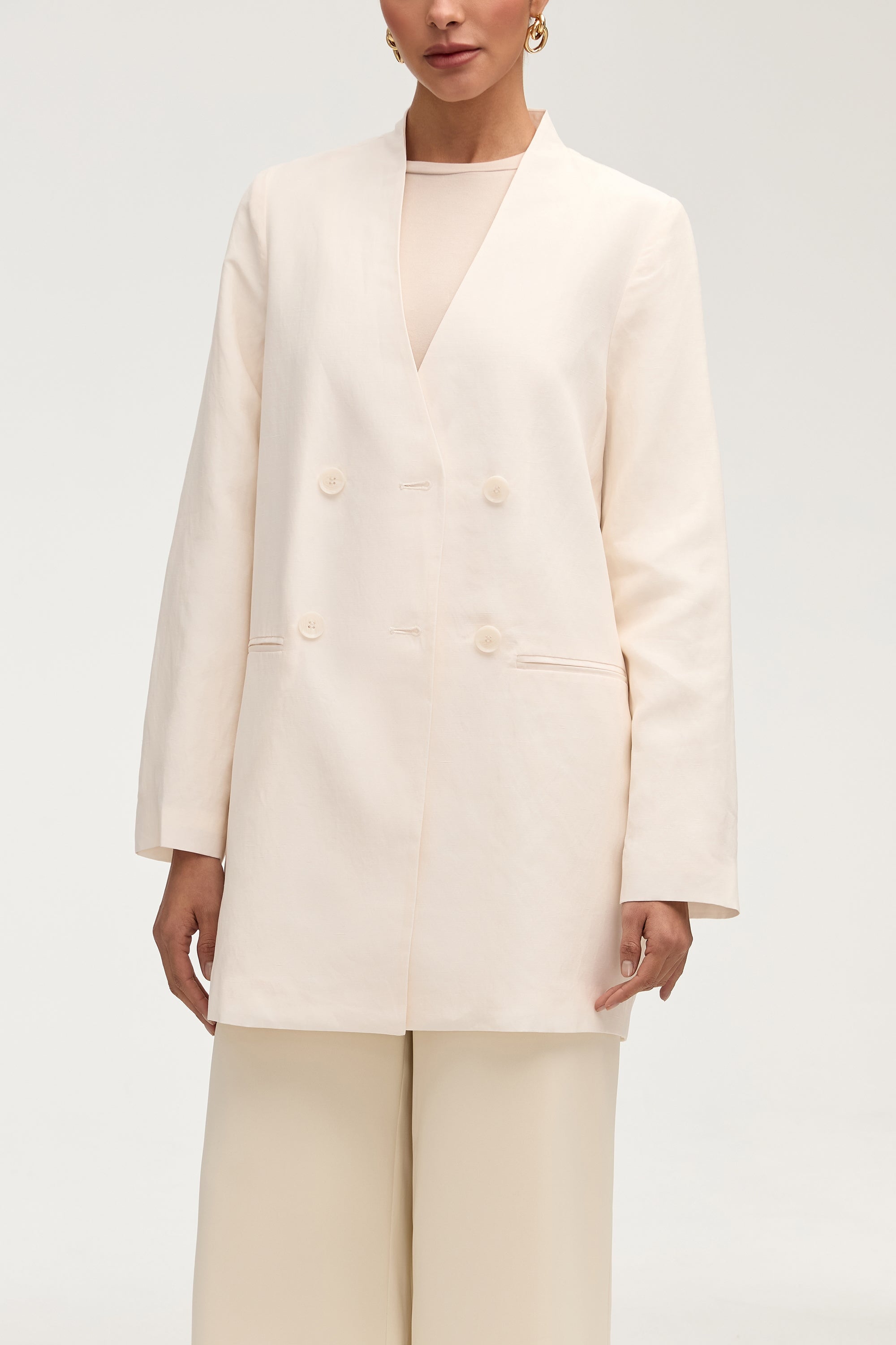 Longline Cupro Linen Oversized Blazer - Off White Jackets Veiled Collection 