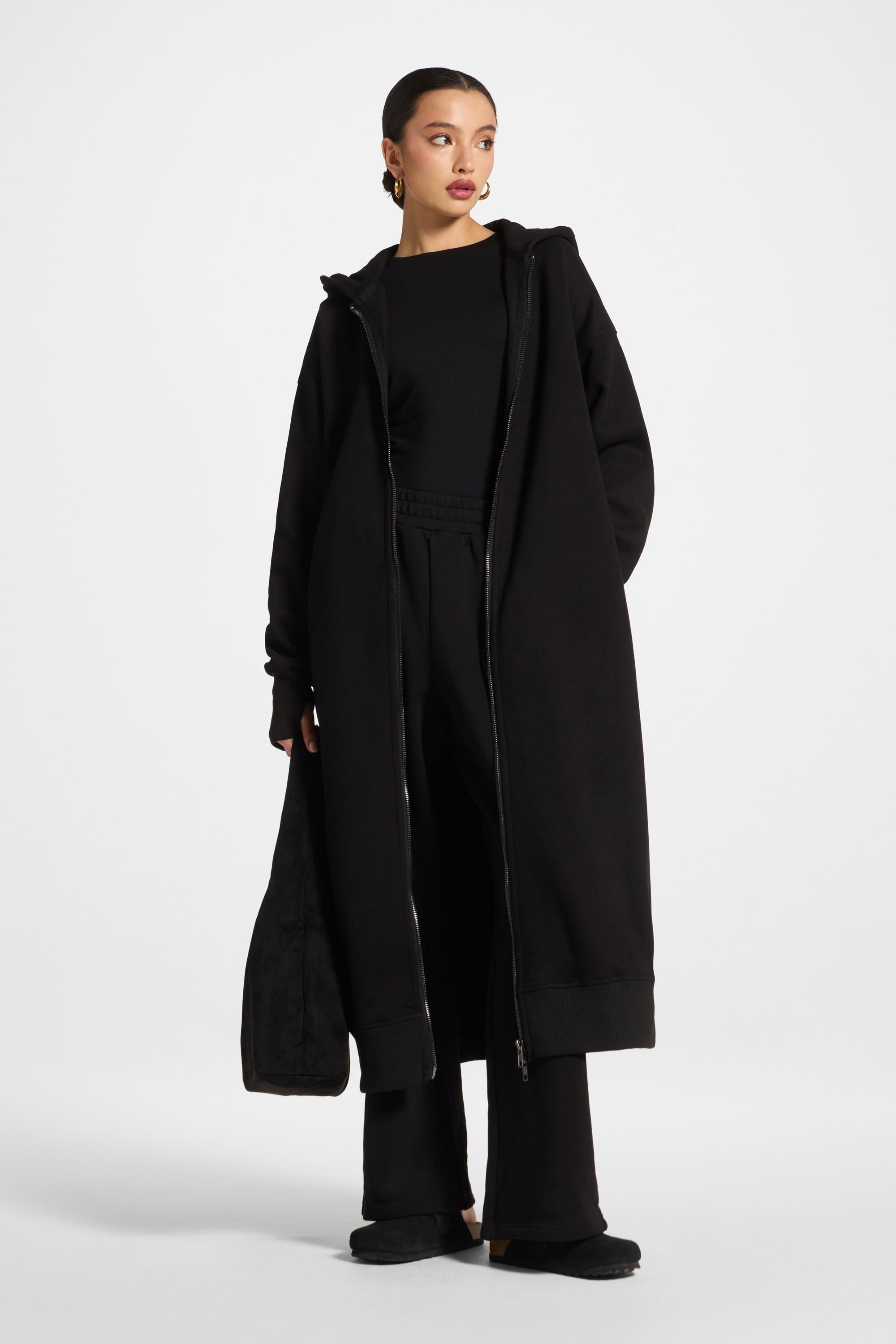 Longline Hooded Zip Sweatshirt - Black Abayas Veiled