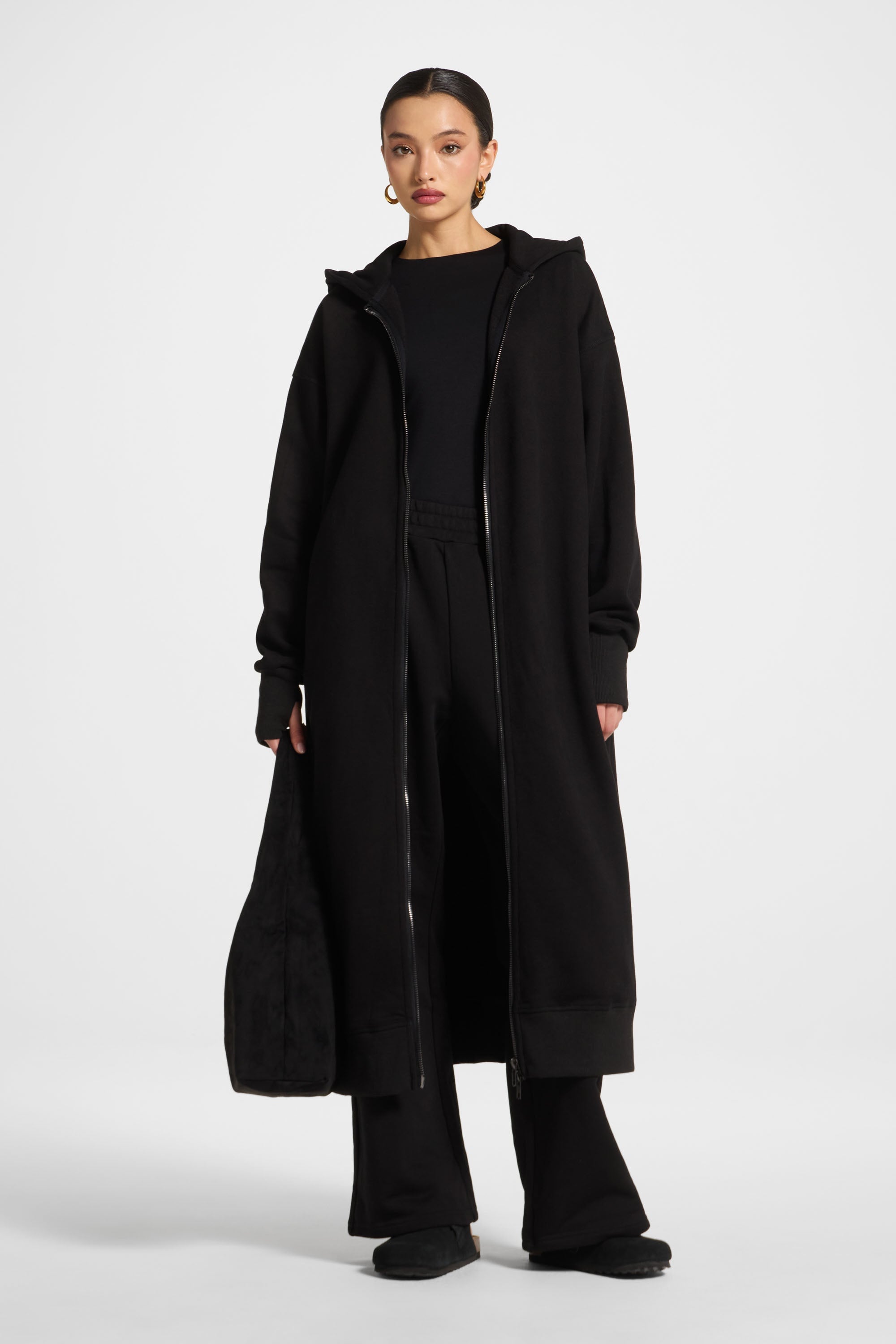 Longline Hooded Zip Sweatshirt - Black Abayas Veiled