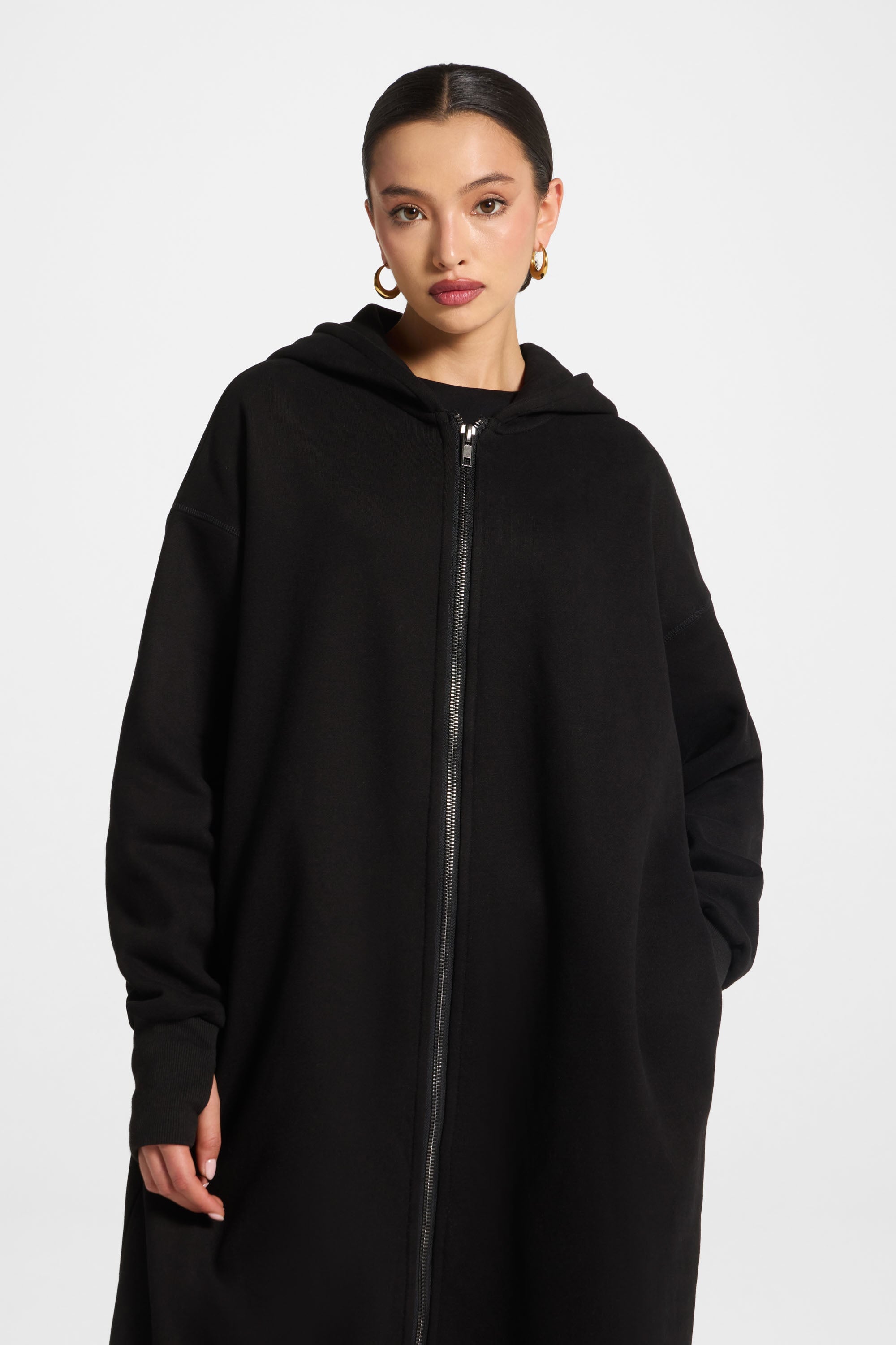 Longline Hooded Zip Sweatshirt - Black Abayas Veiled
