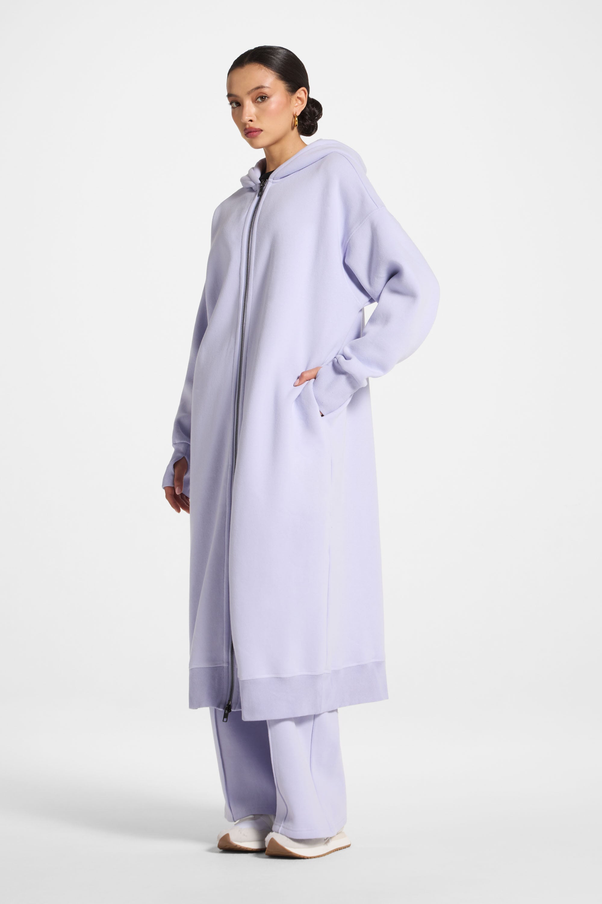 Longline Hooded Zip Sweatshirt - Lavender Abayas Veiled