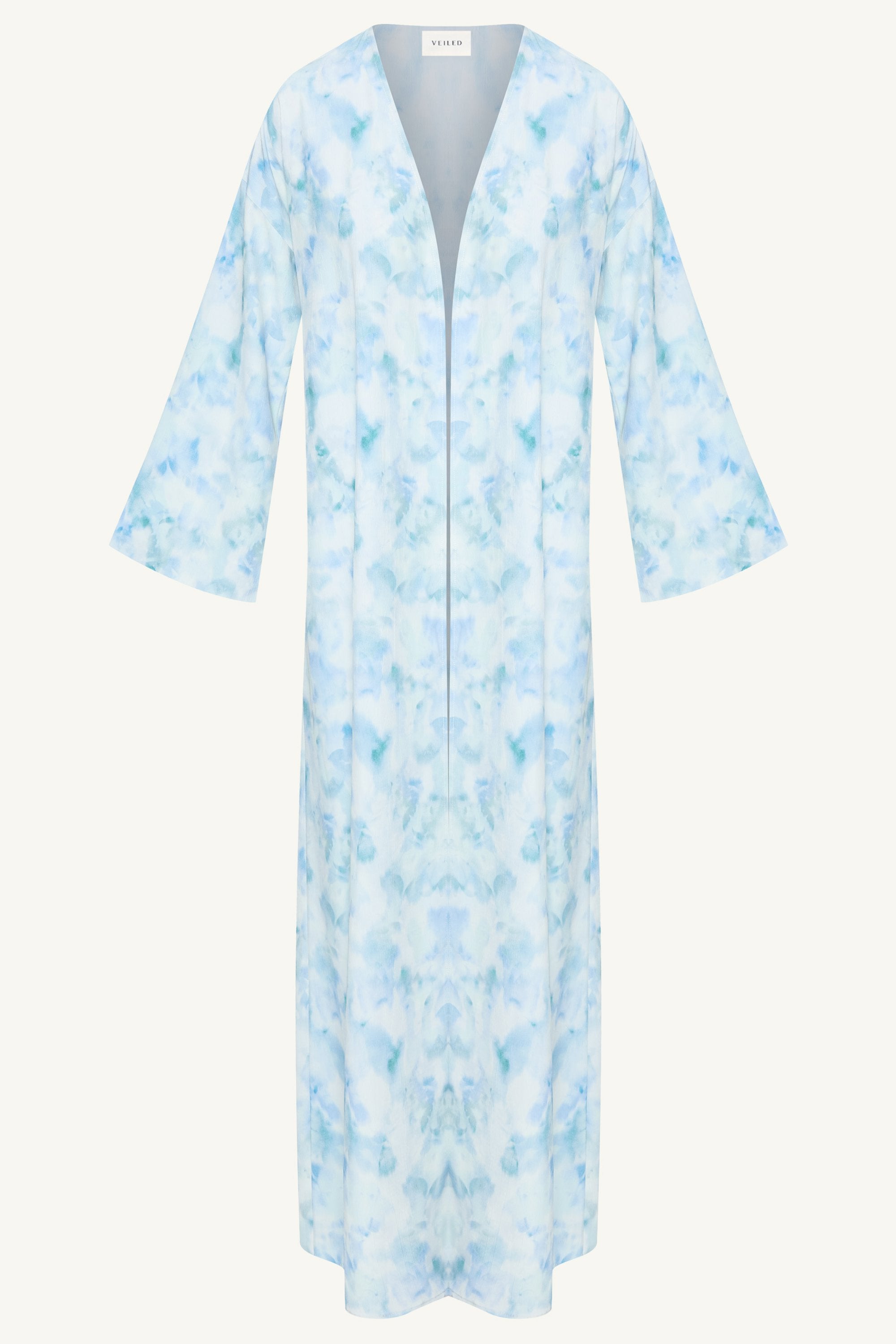 Lujain Printed Open Abaya - Blue Watercolor Dresses Veiled