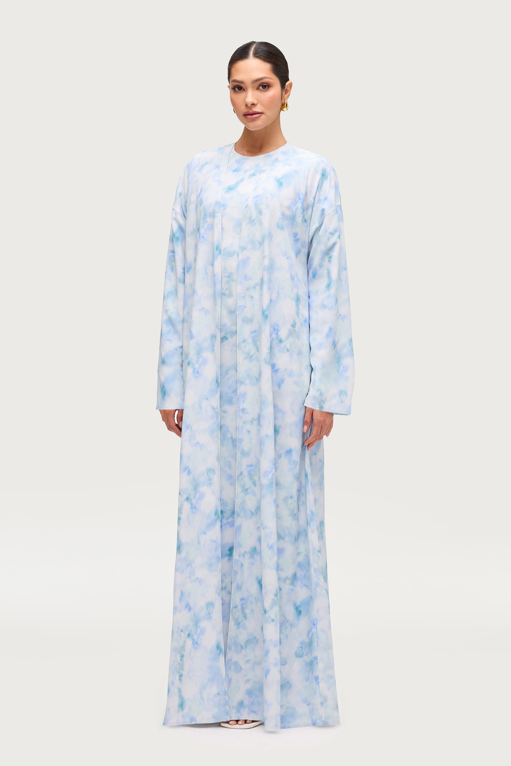 Lujain Printed Open Abaya - Blue Watercolor Dresses Veiled