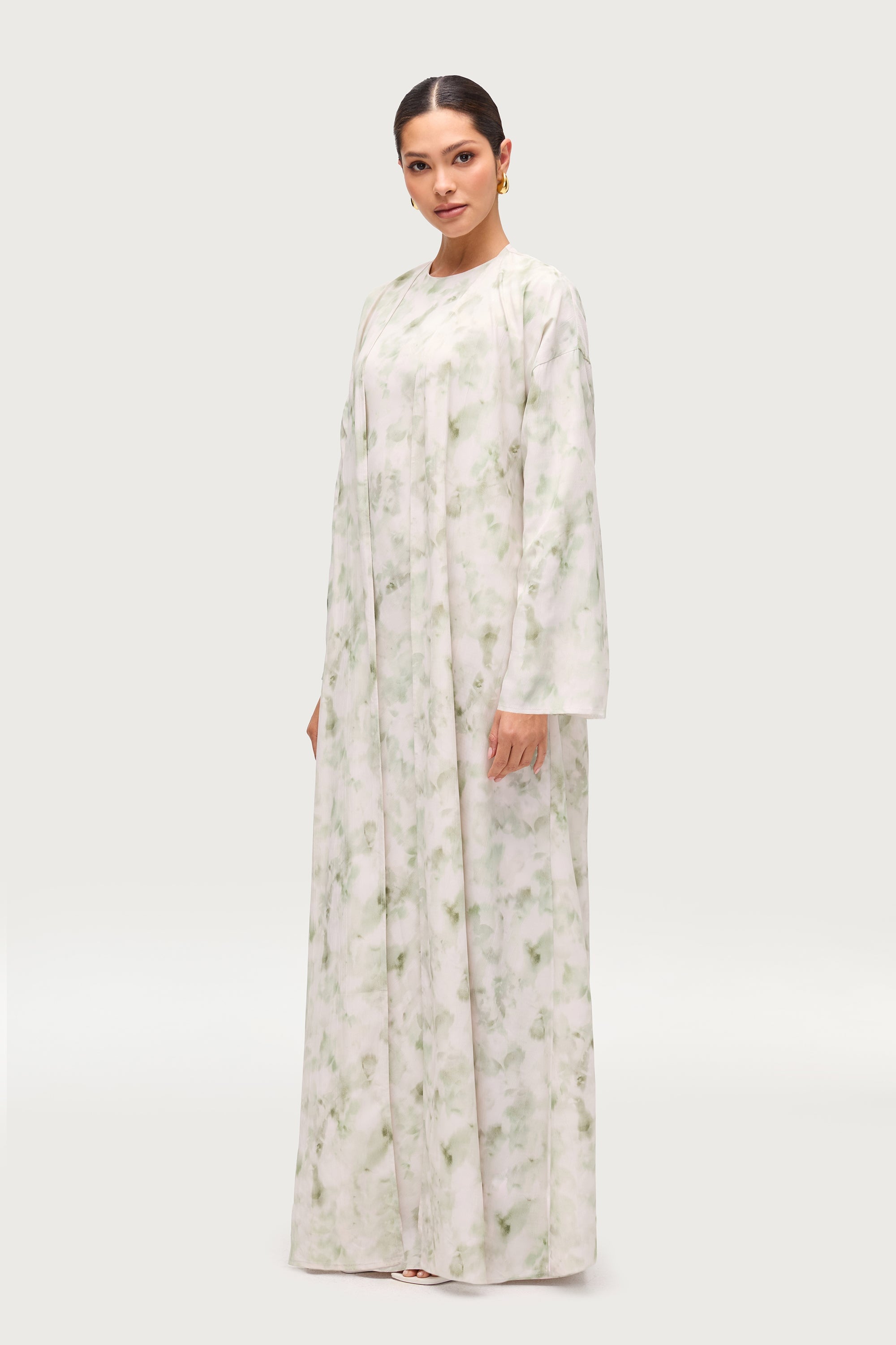 Lujain Printed Open Abaya - Sage Watercolor Dresses Veiled