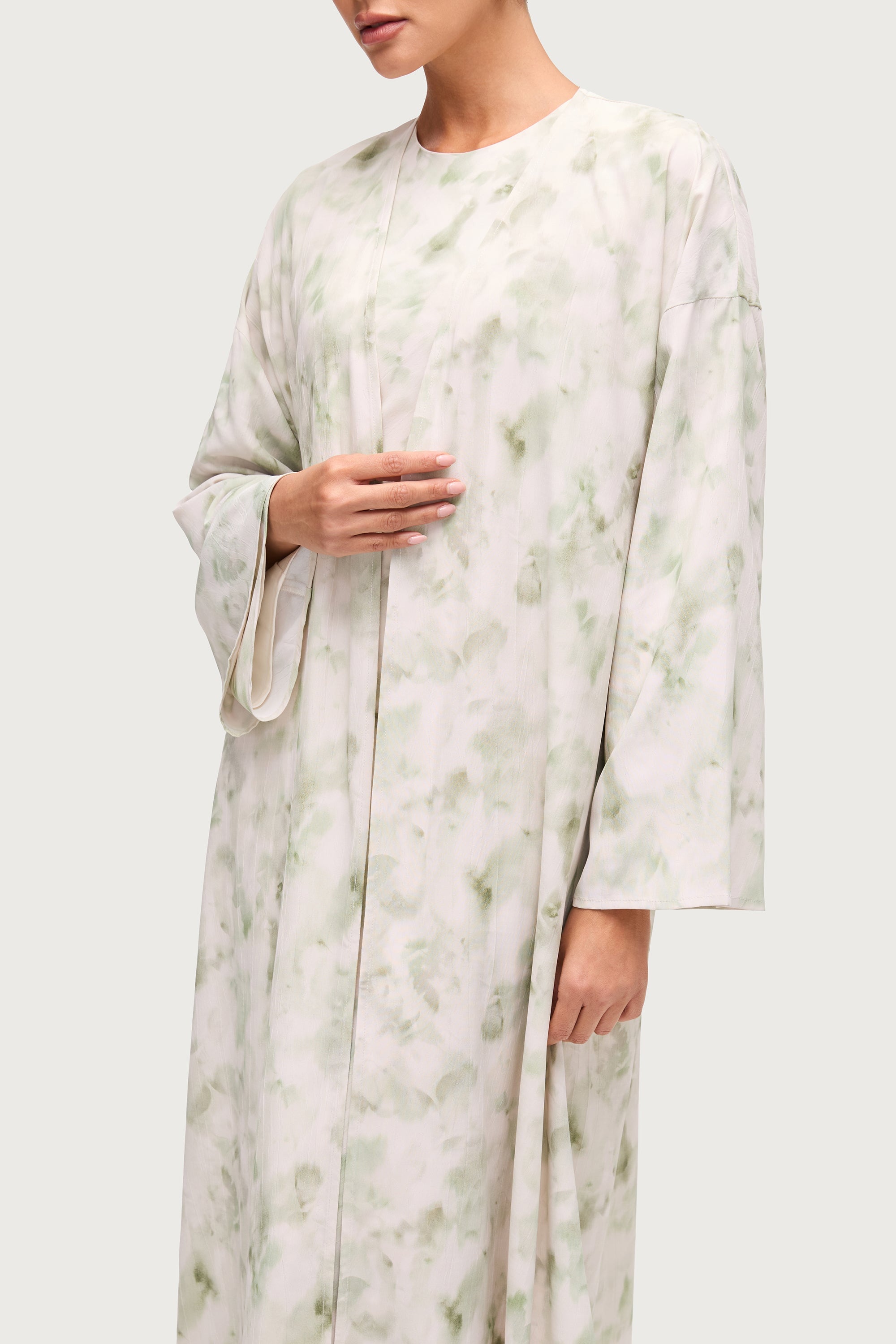 Lujain Printed Open Abaya - Sage Watercolor Dresses Veiled