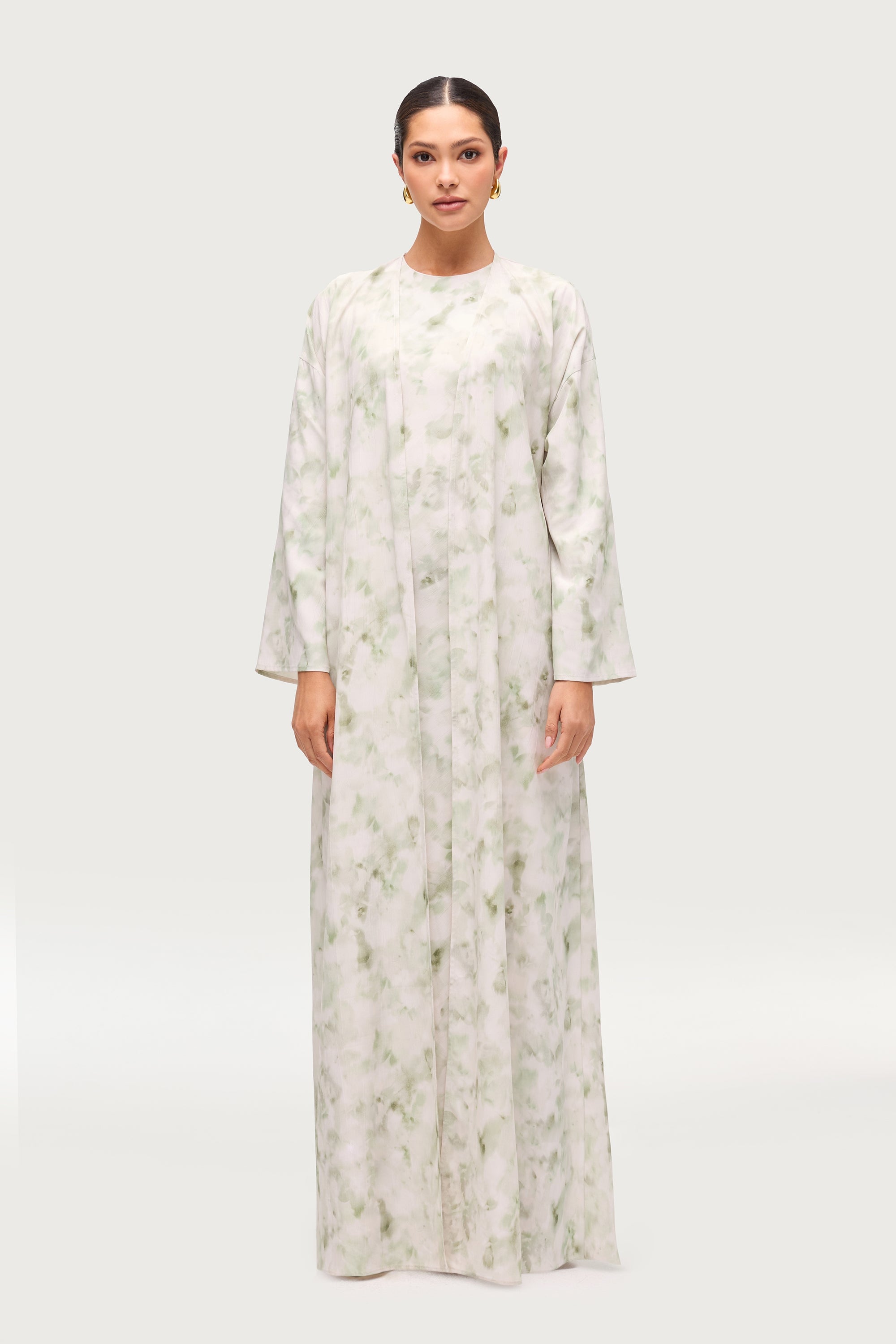 Lujain Printed Open Abaya - Sage Watercolor Dresses Veiled
