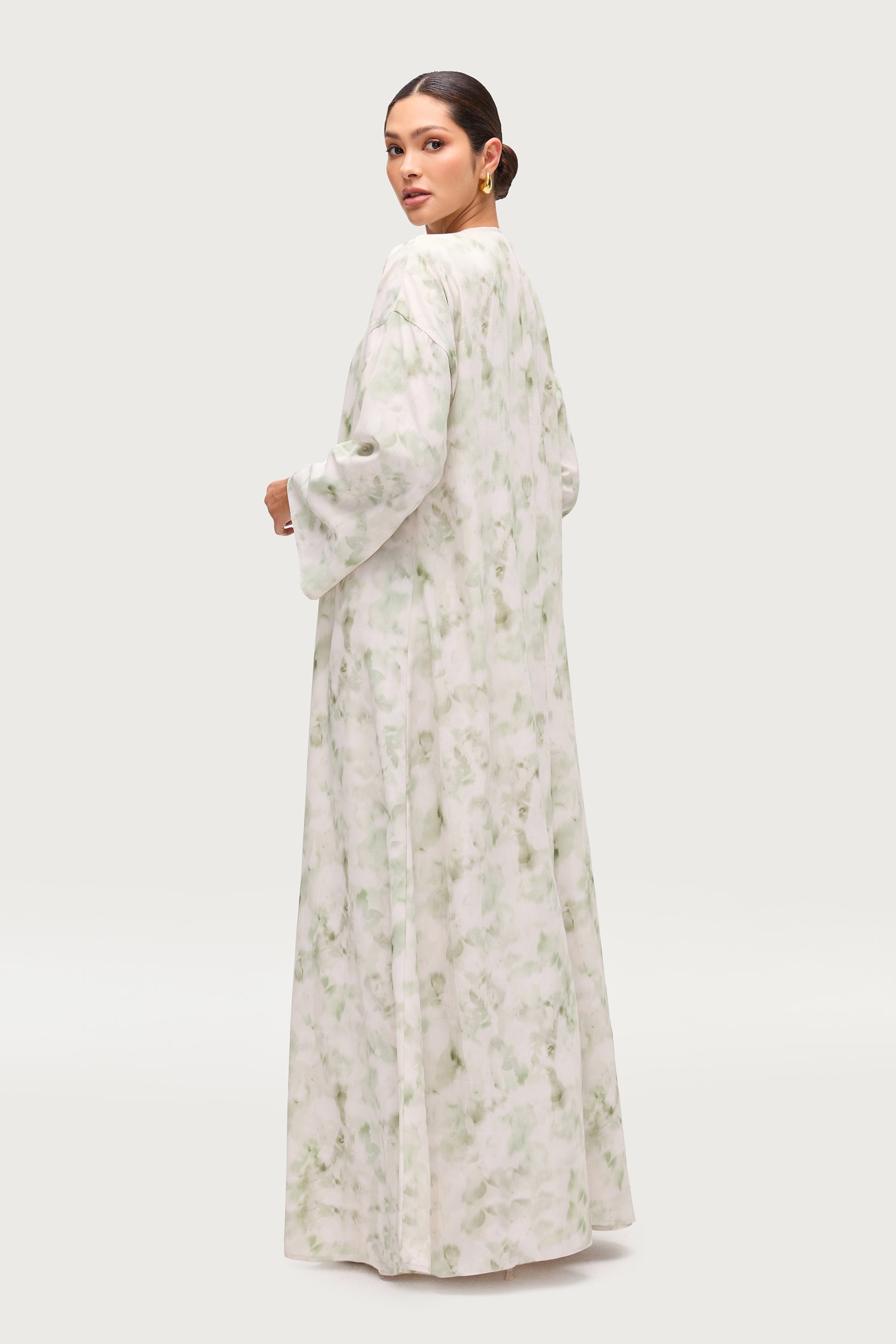 Lujain Printed Open Abaya - Sage Watercolor Dresses Veiled