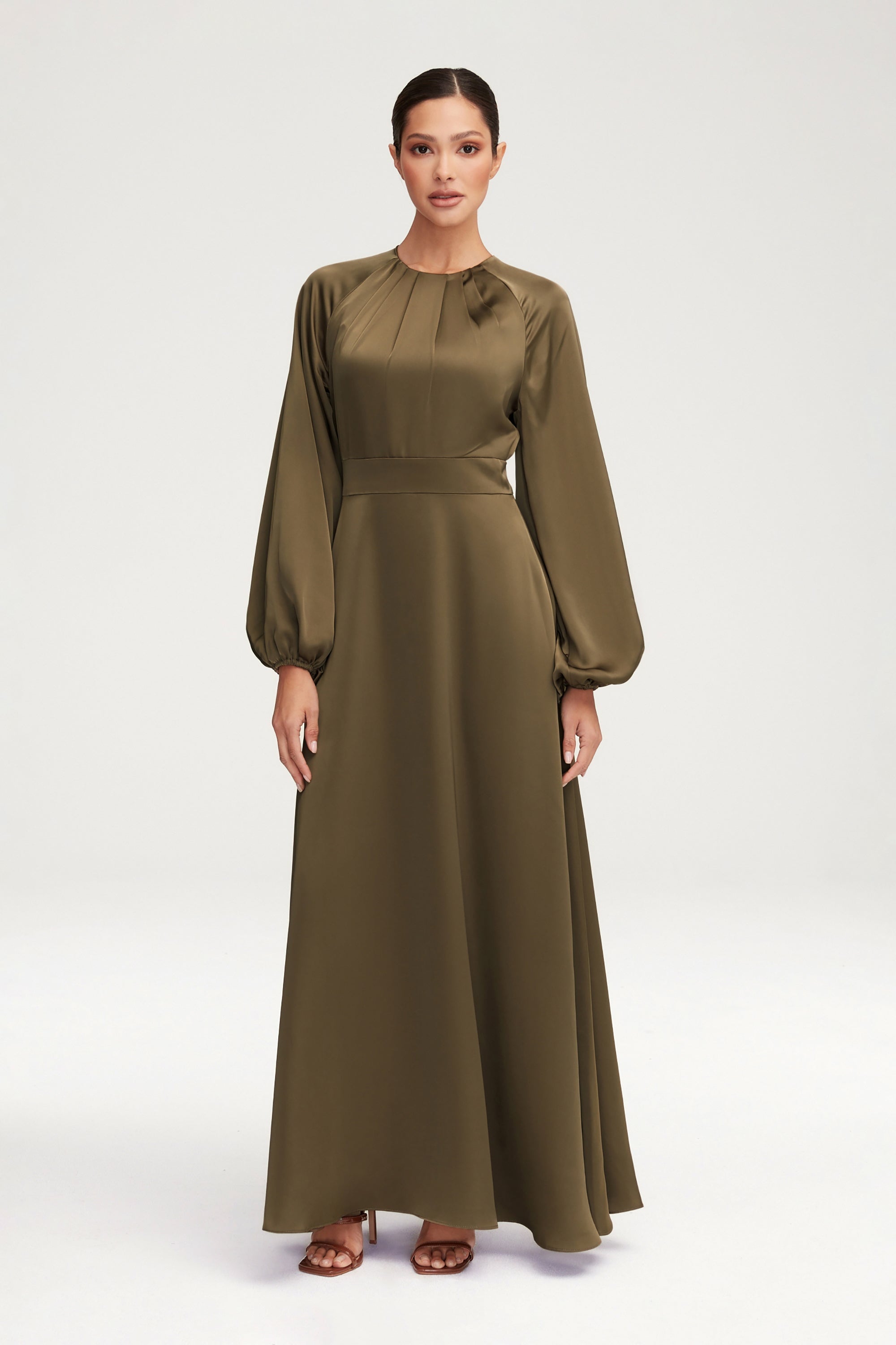 Luna Satin Balloon Sleeve Maxi Dress - Olive Clothing Veiled 