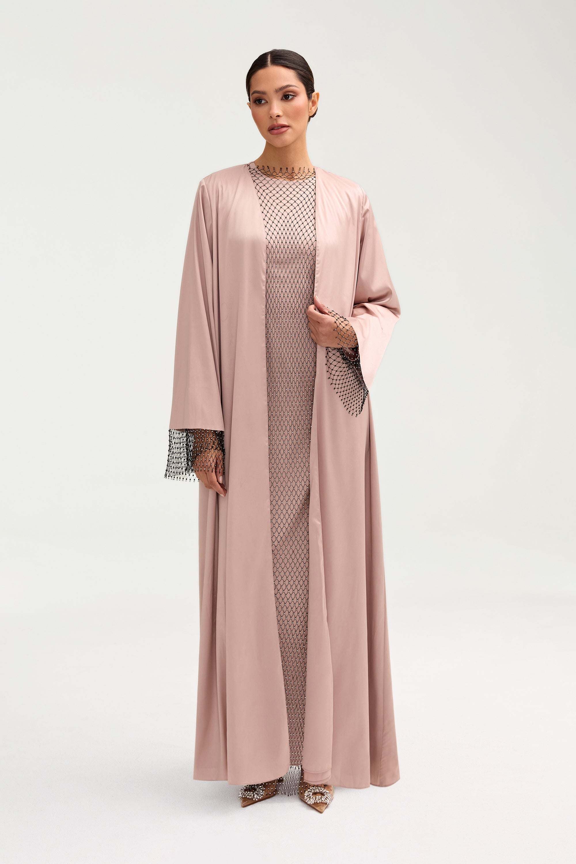 Lyana Crystal Mesh Satin Abaya - Pink Jasmine Clothing Veiled