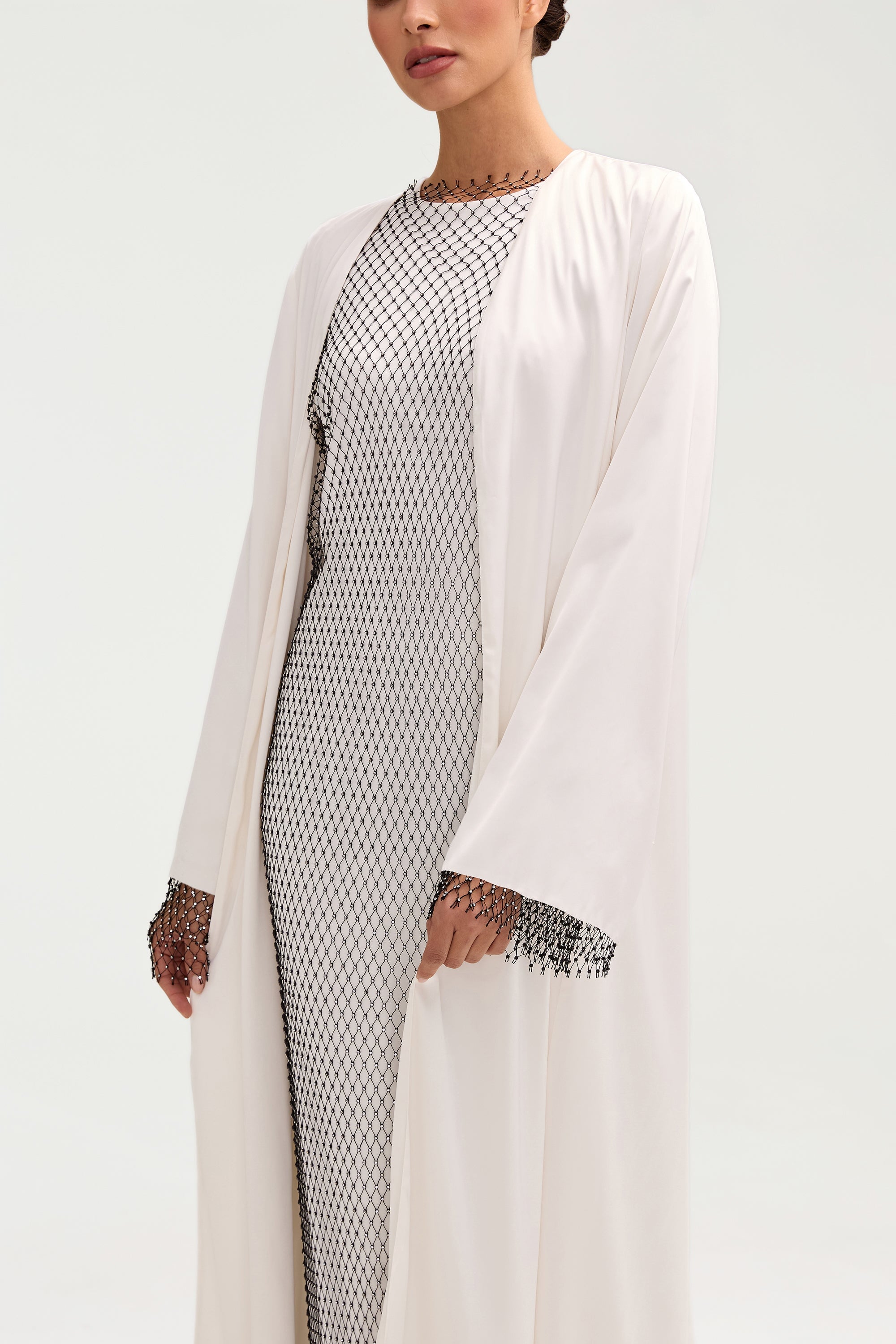 Lyana Crystal Mesh Satin Abaya - White Clothing Veiled