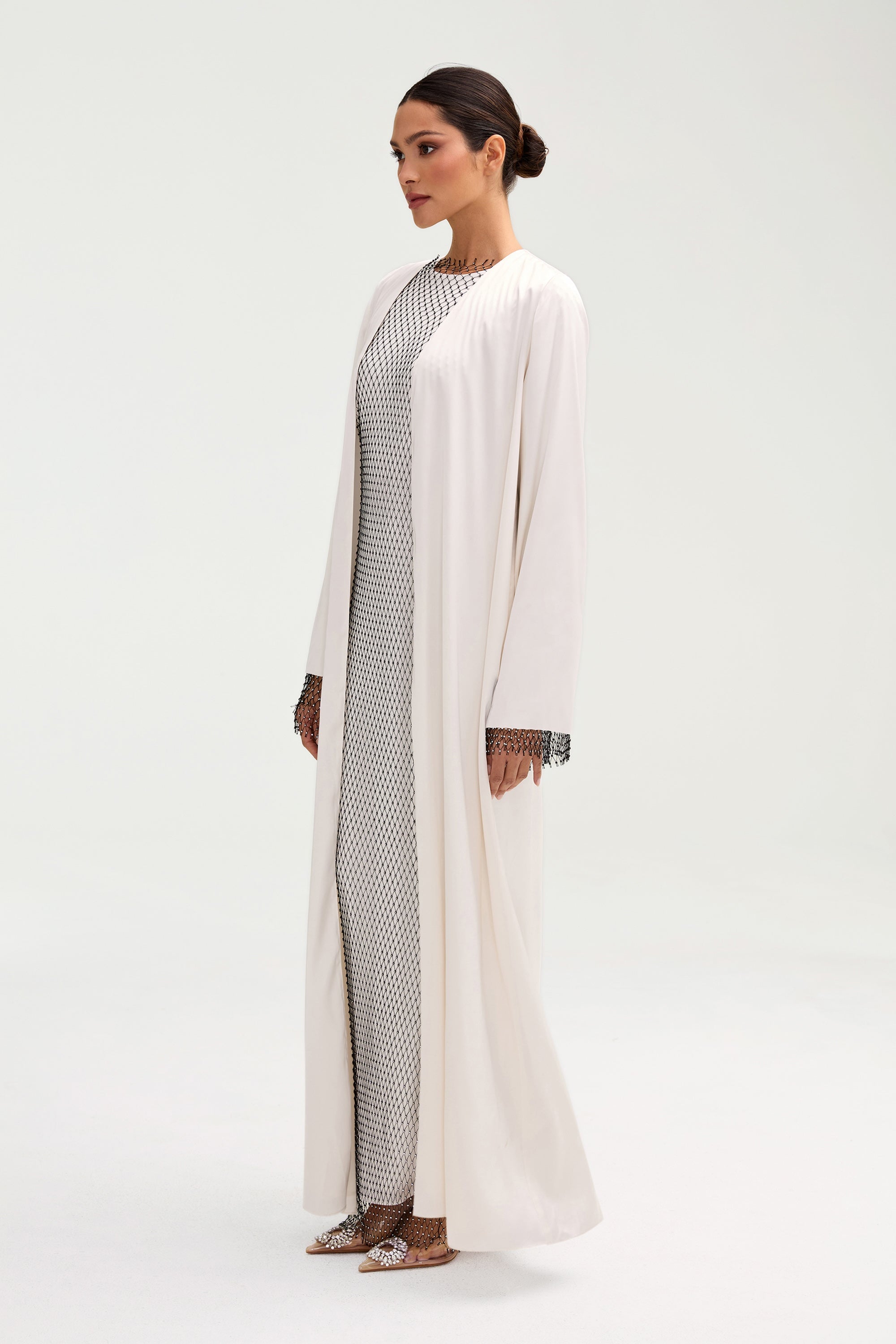 Lyana Crystal Mesh Satin Abaya - White Clothing Veiled