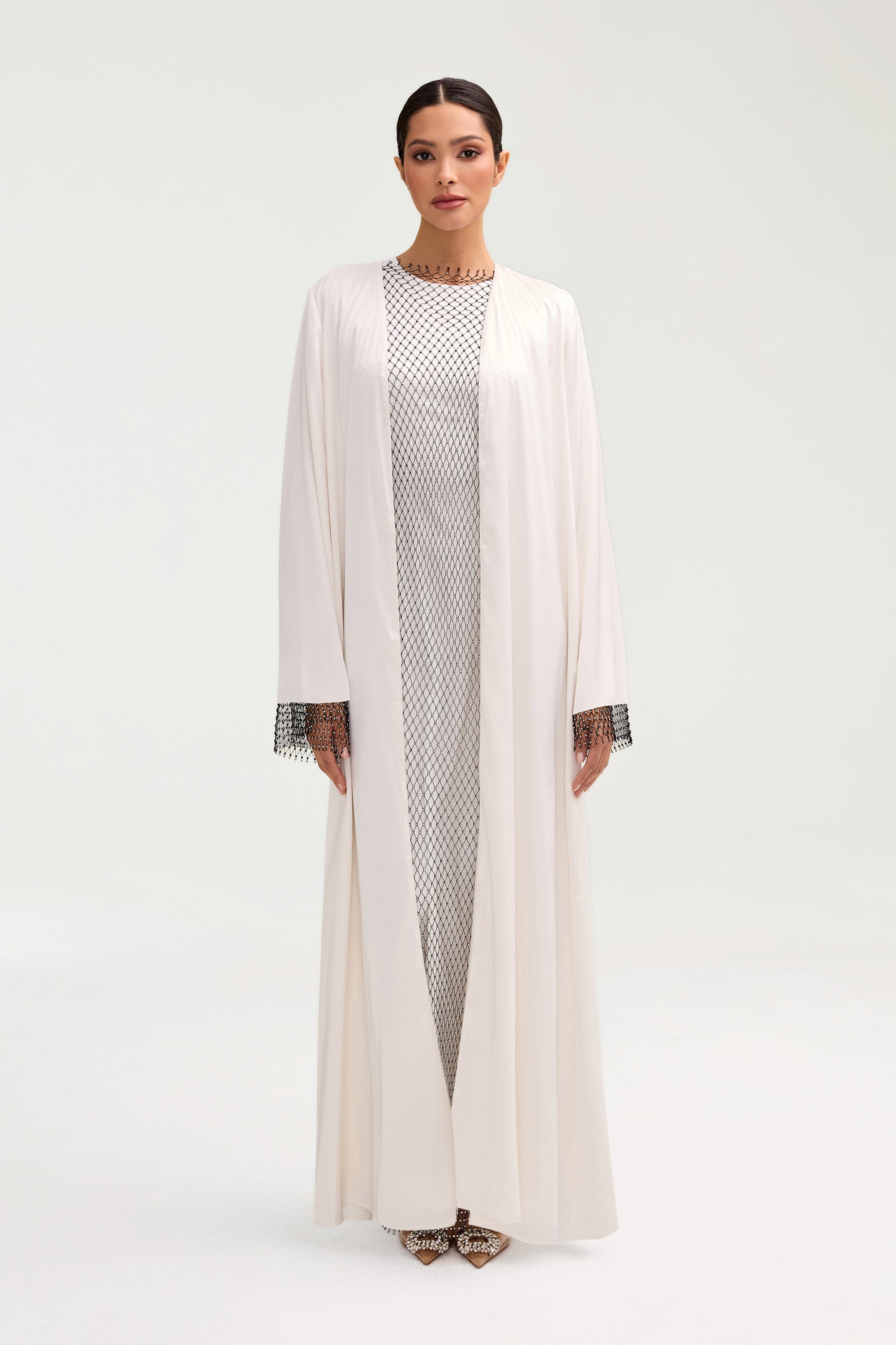Lyana Crystal Mesh Satin Abaya - White Clothing Veiled