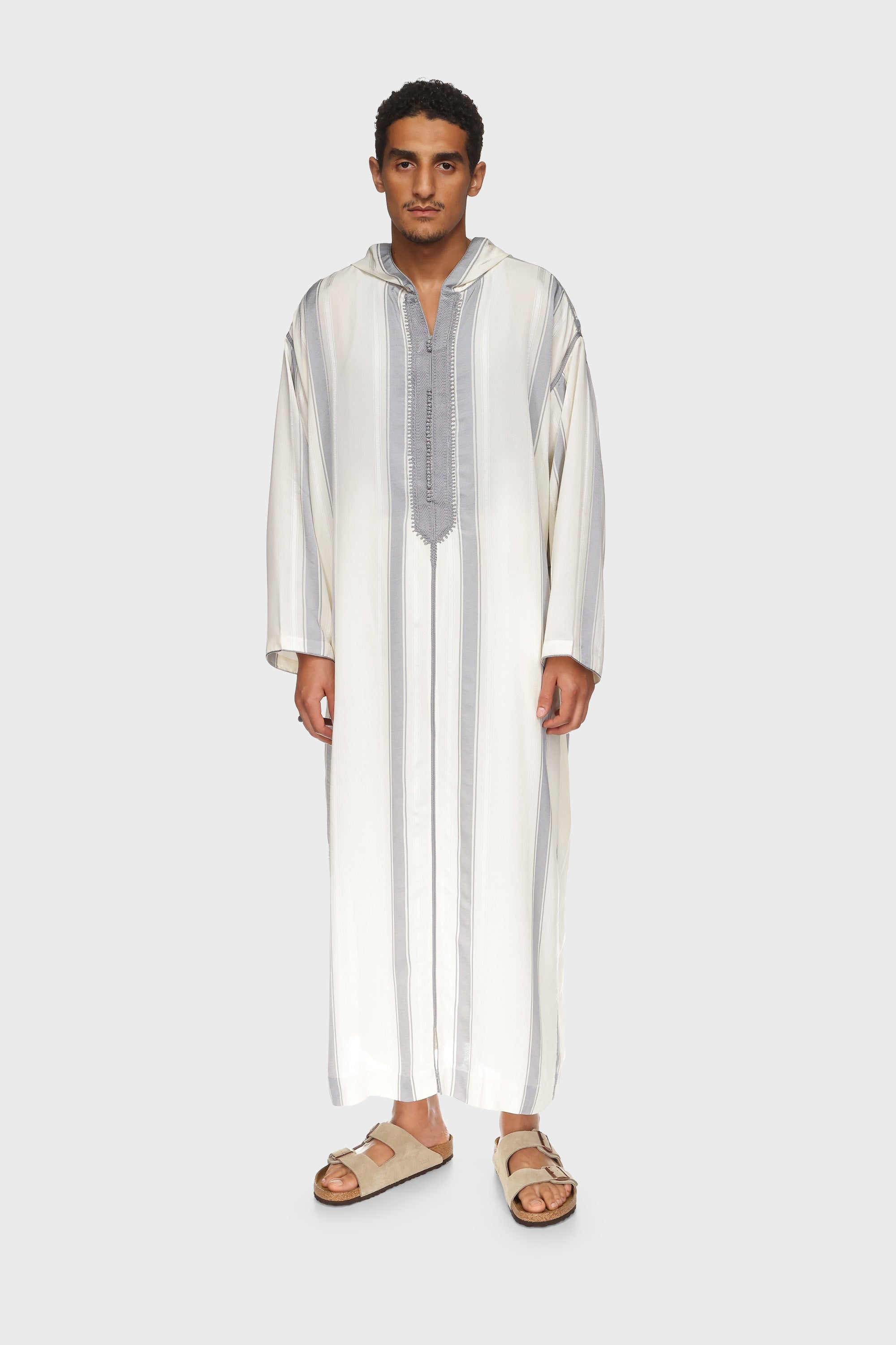 Manchester Hooded Striped Moroccan Thobe - Grey/White Mens Veiled