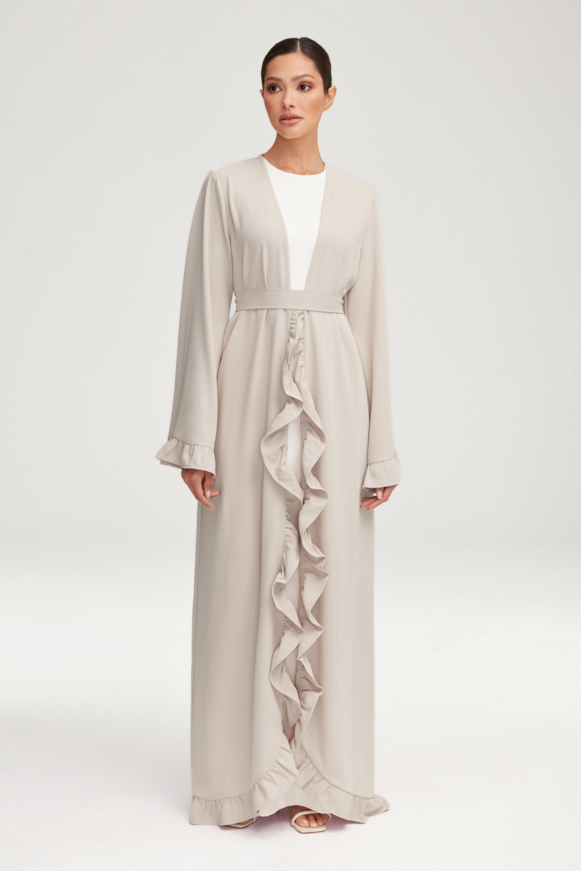 Mariam Ruffle Open Abaya - Stone Clothing Veiled 