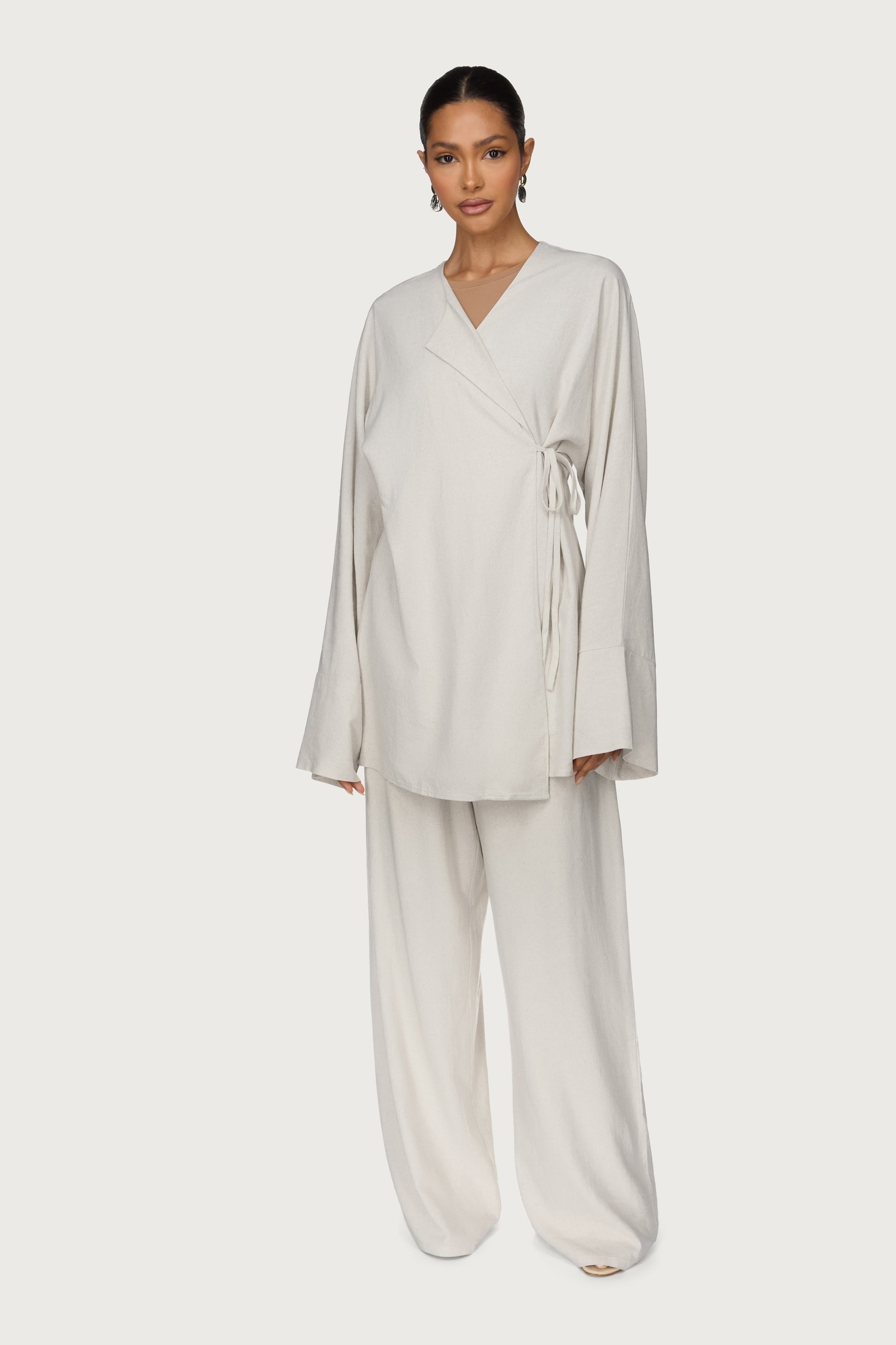 Maya Linen Matching Top & Pants Set - Off White Abayas Veiled
