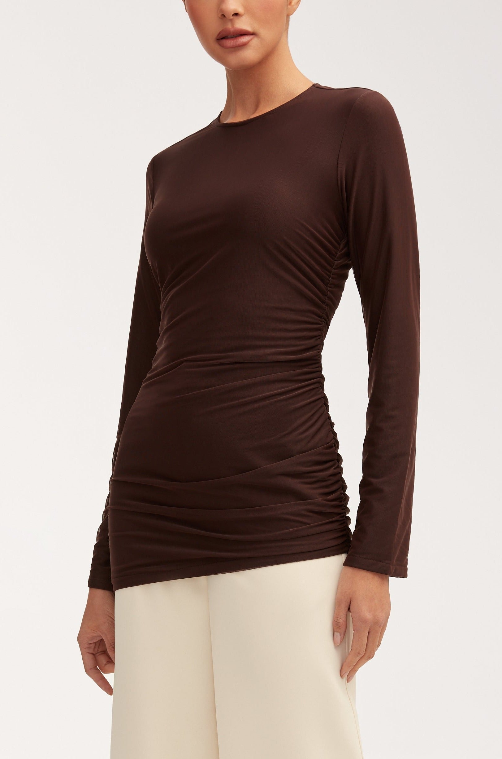 Mesh Rouched Top - Chocolate Plum Tops Veiled 