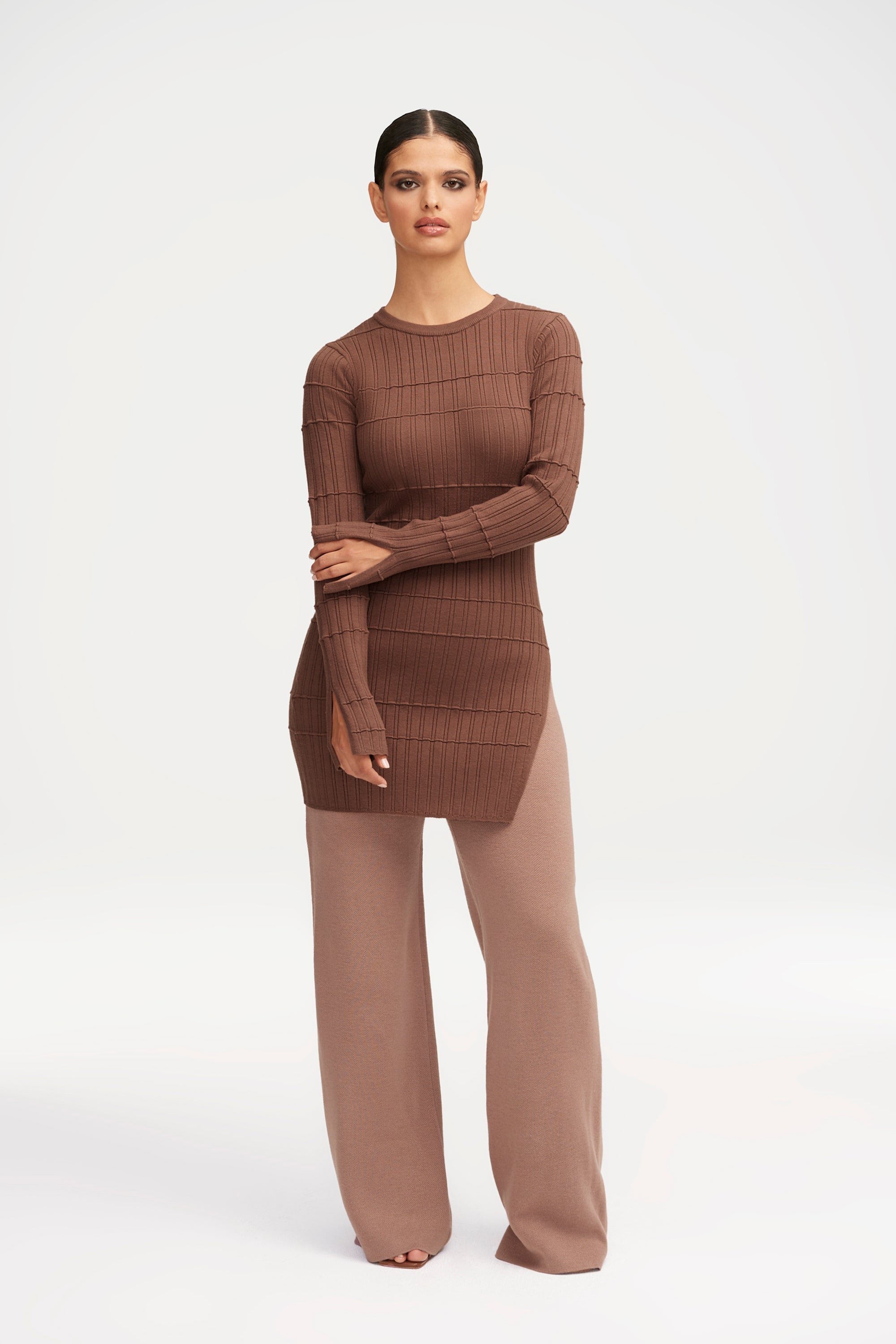 Milano Ribbed Knit Split Hem Top - Brown Clothing Veiled 