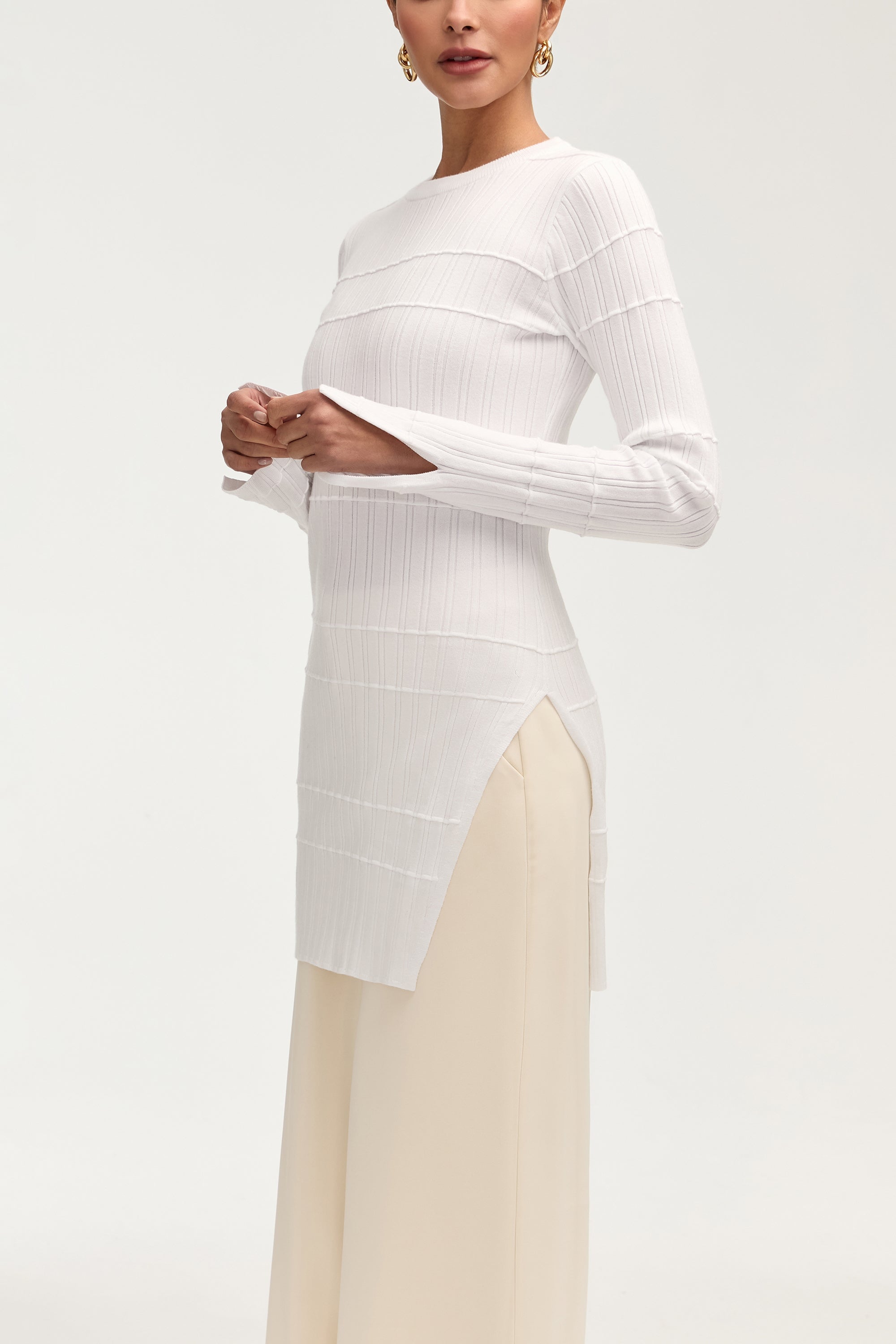 Milano Ribbed Knit Split Hem Top - White Clothing Veiled 