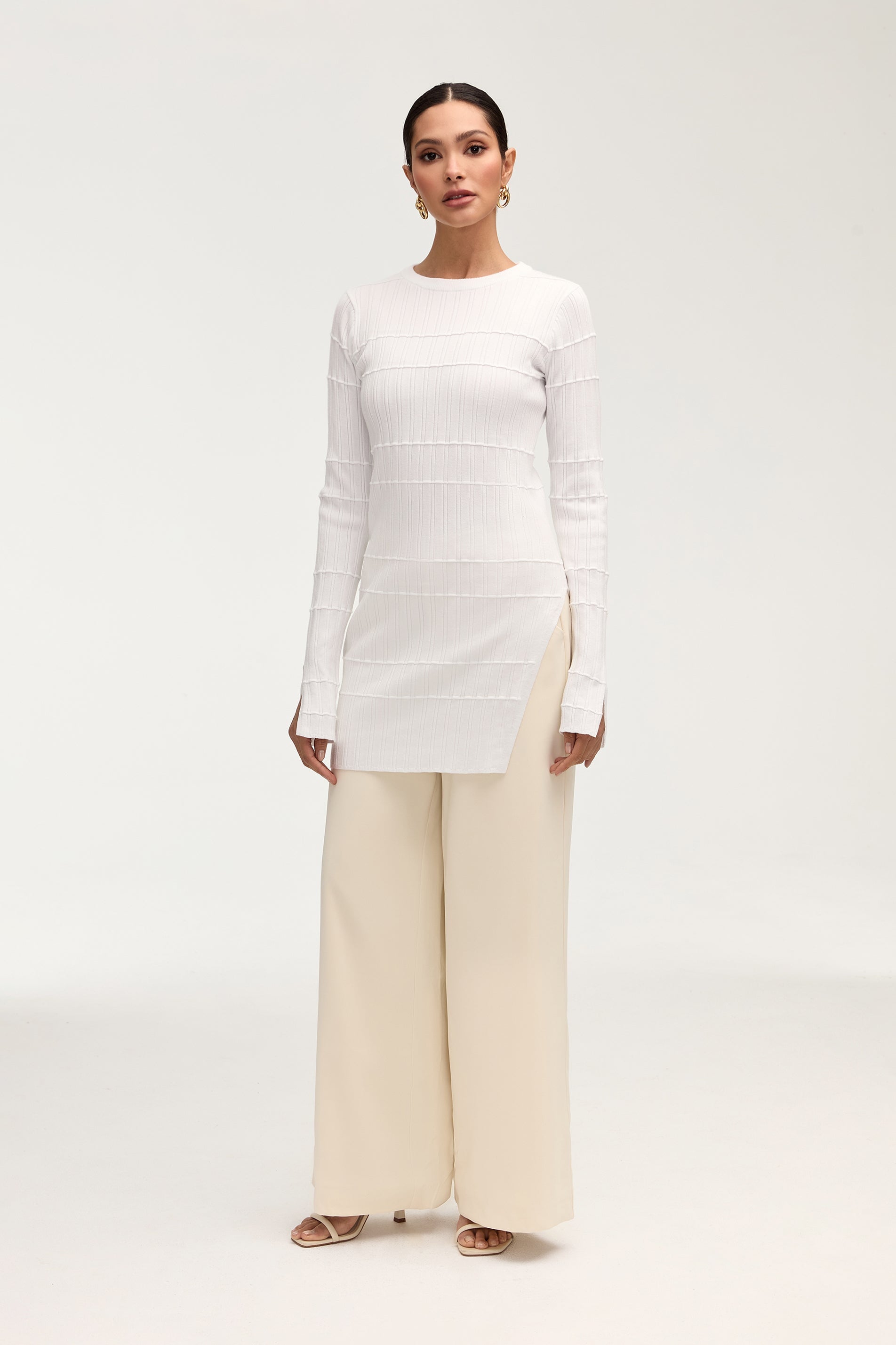 Milano Ribbed Knit Split Hem Top - White Clothing epschoolboard 