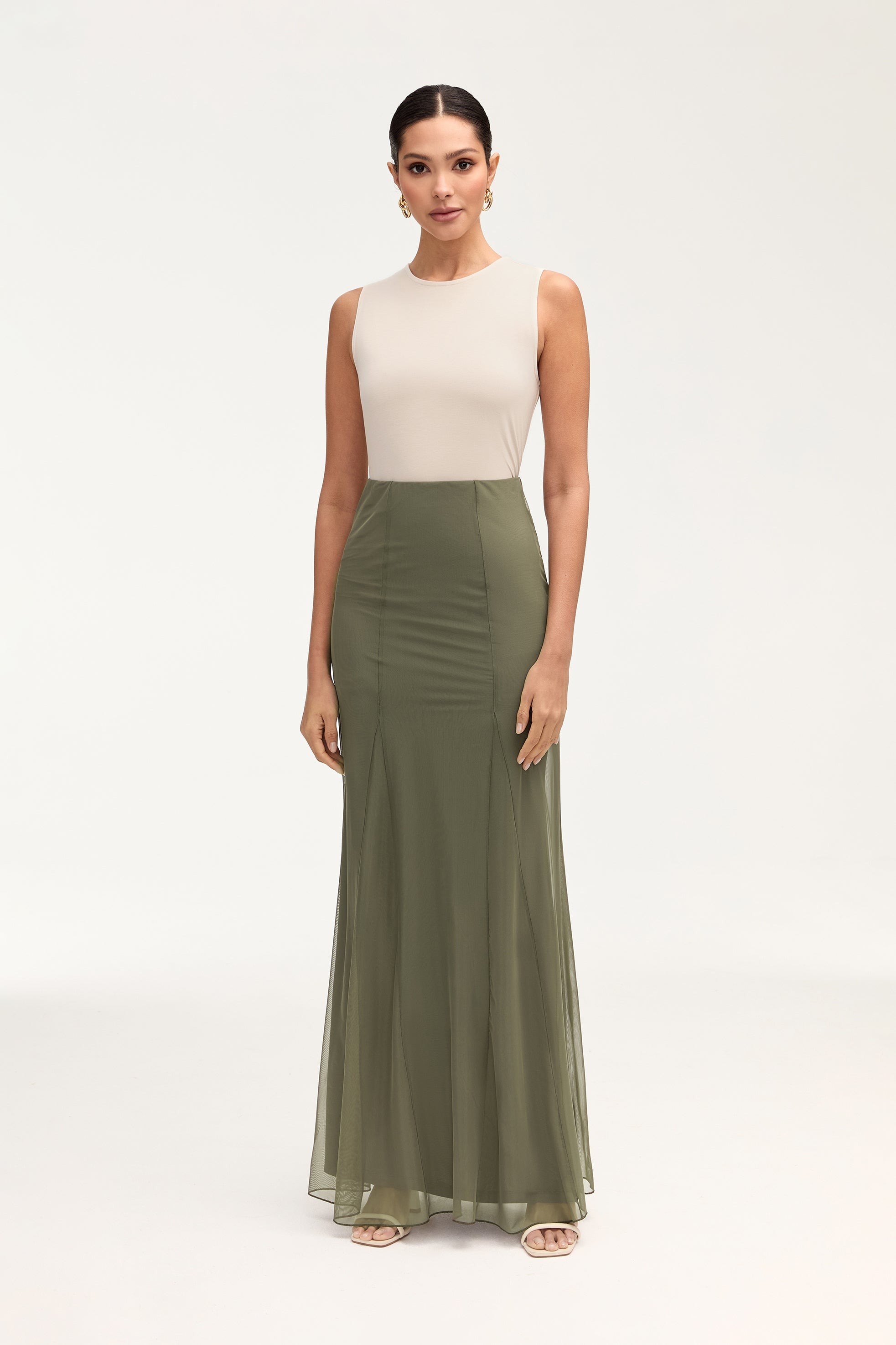 Milia Mesh Maxi Skirt - Smokey Olive Clothing Veiled