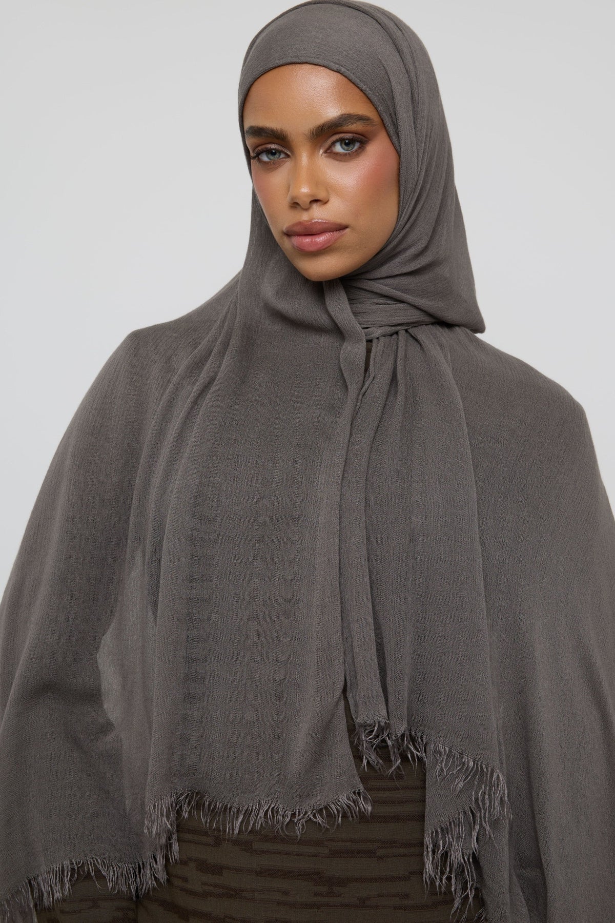 Modal Crinkle Fringe Hijab - Dark Truffle Hijabs Veiled