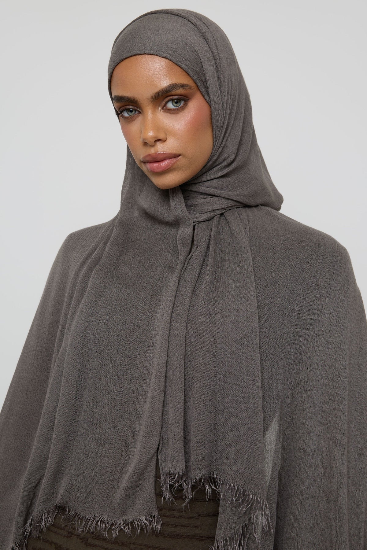 Modal Crinkle Fringe Hijab - Dark Truffle Hijabs Veiled