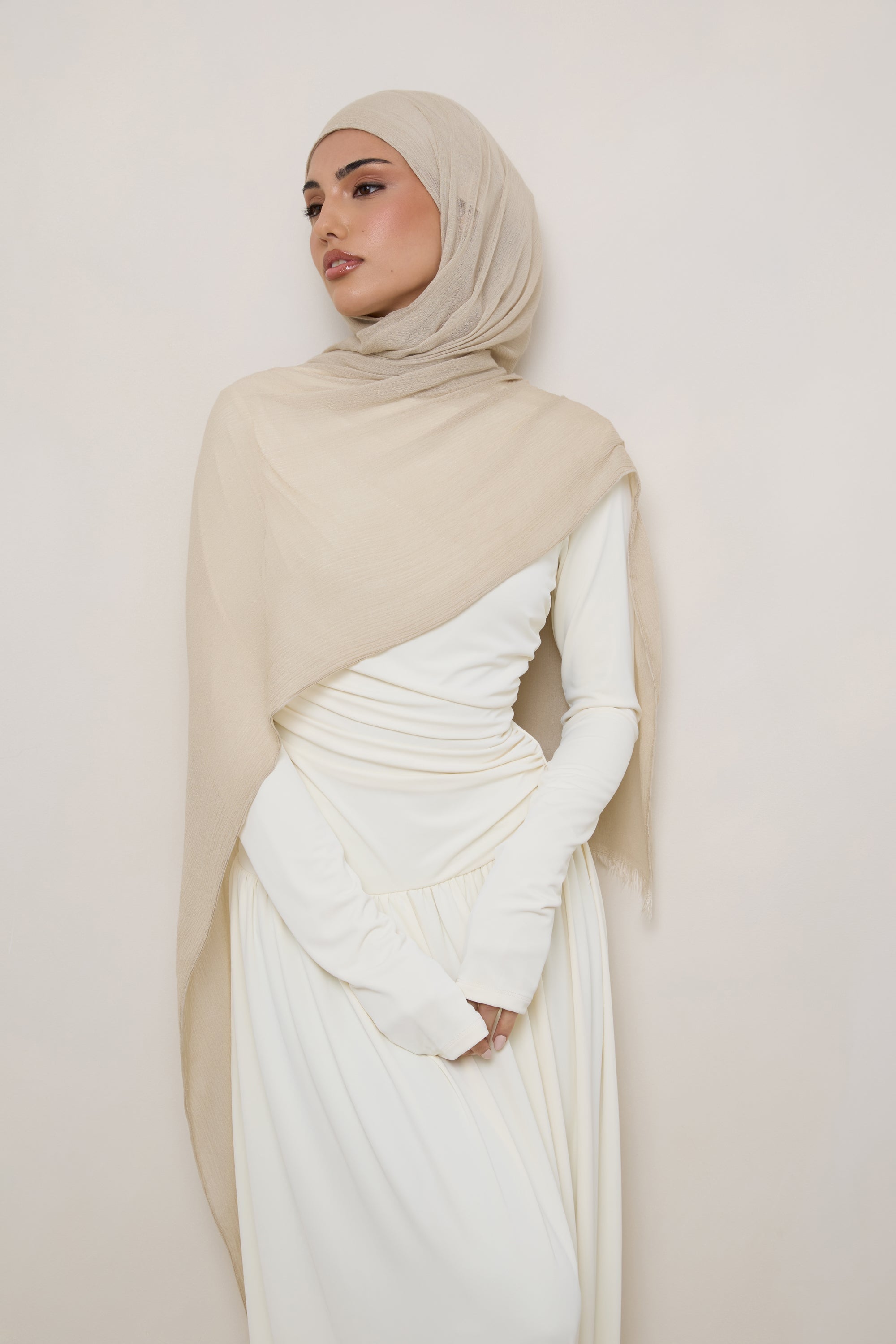 Modal Crinkle Hijab - Beige Fringe Hijabs Veiled