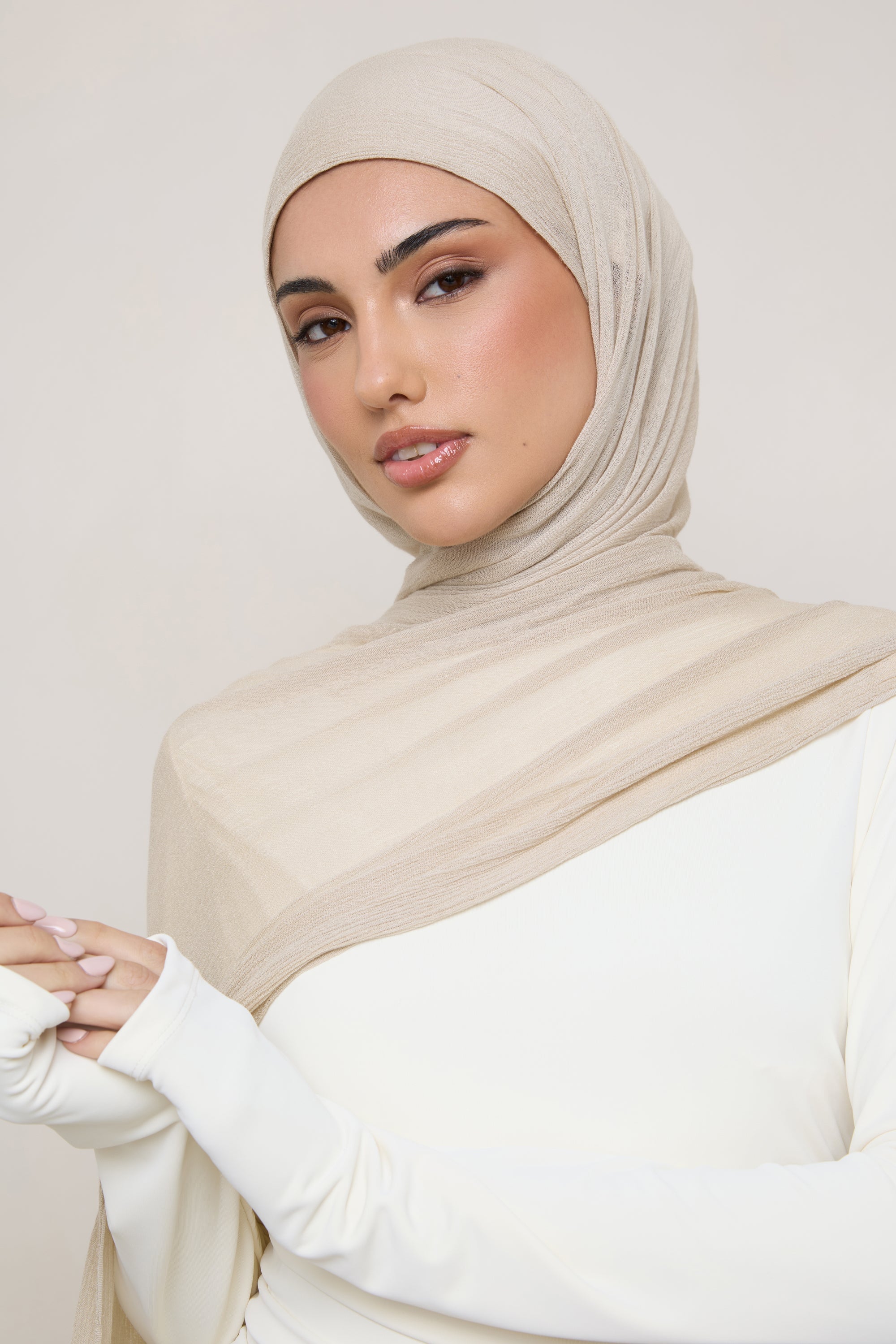 Modal Crinkle Hijab - Beige Fringe Hijabs Veiled