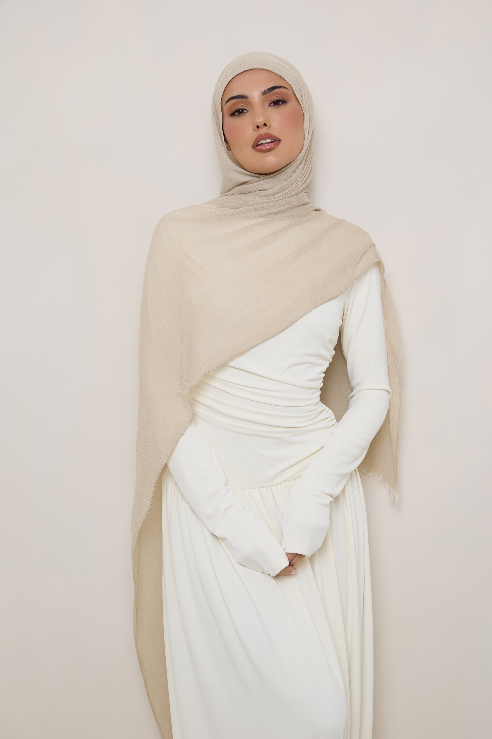 Modal Crinkle Hijab - Beige Fringe Hijabs Veiled
