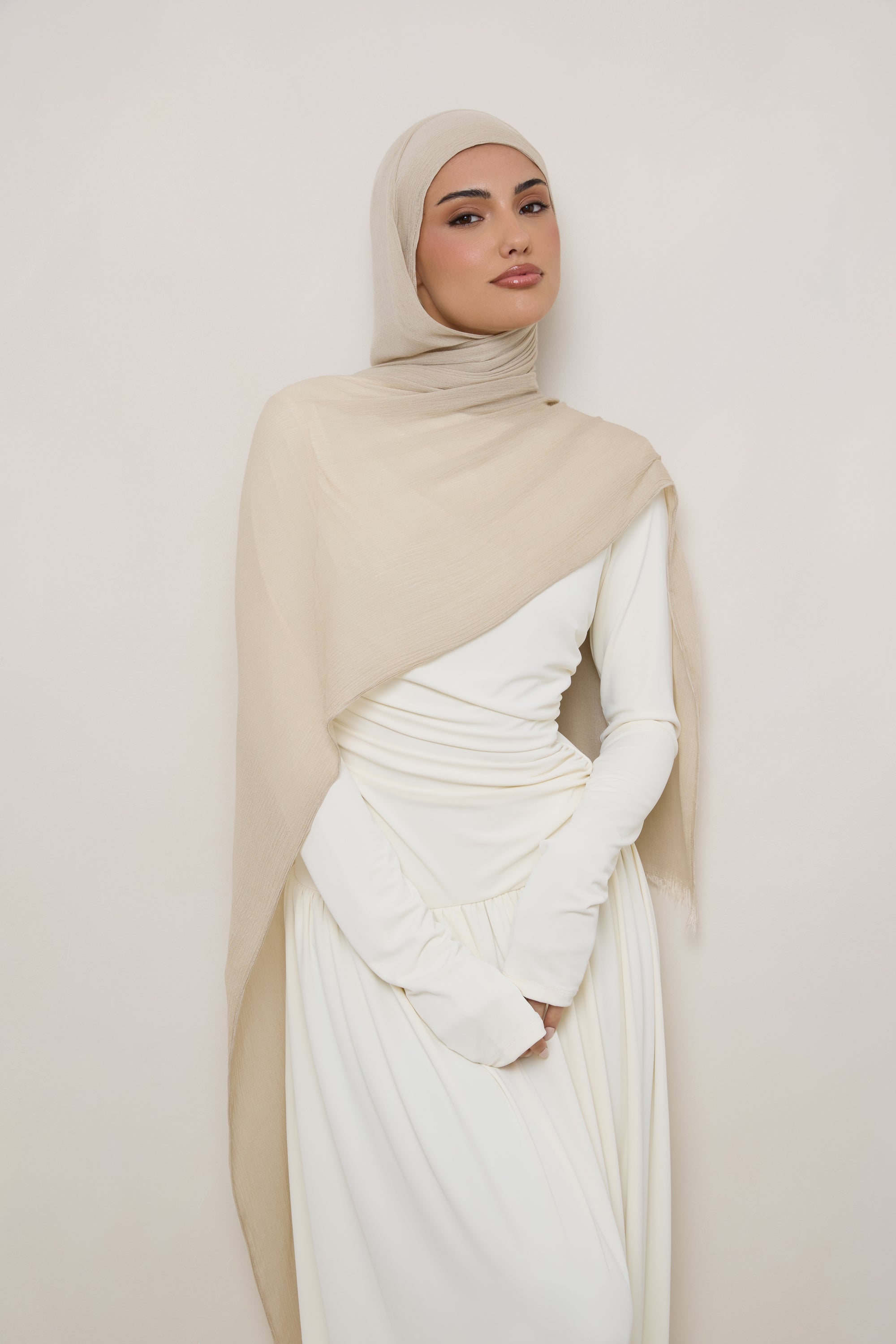 Modal Crinkle Hijab - Beige Fringe Hijabs Veiled