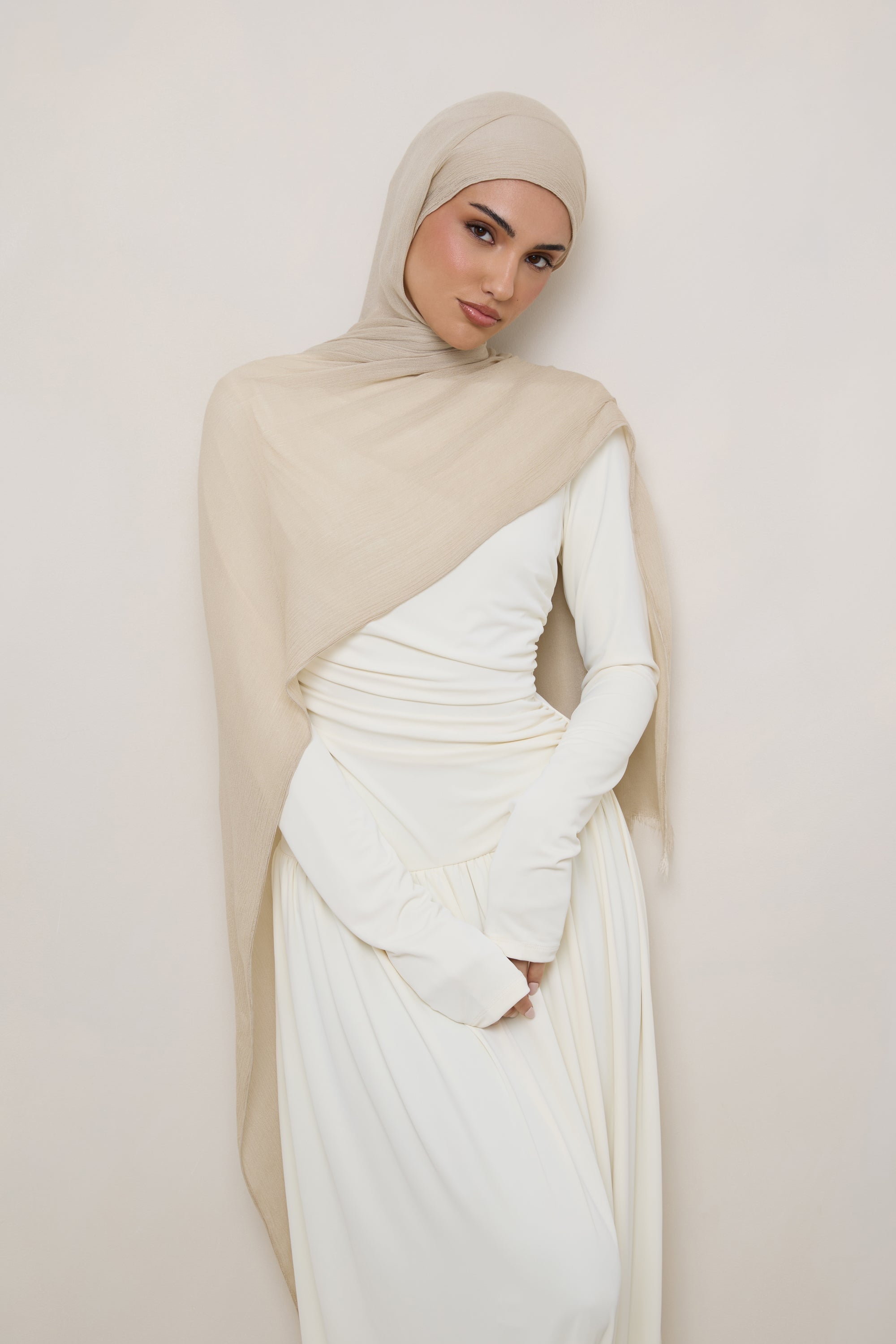 Modal Crinkle Hijab - Beige Fringe Hijabs Veiled