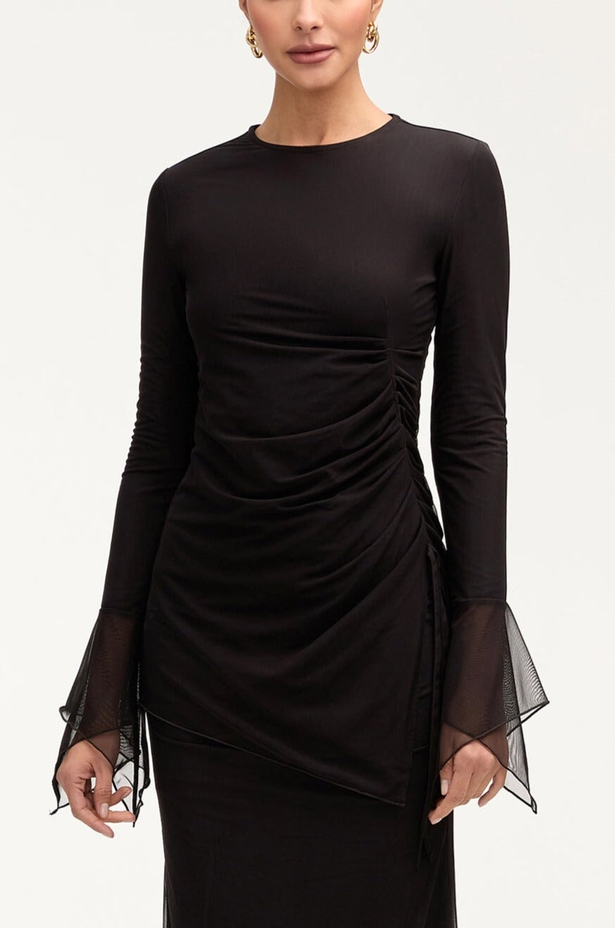 Monica Side Slit Mesh Top - Black Clothing Veiled 