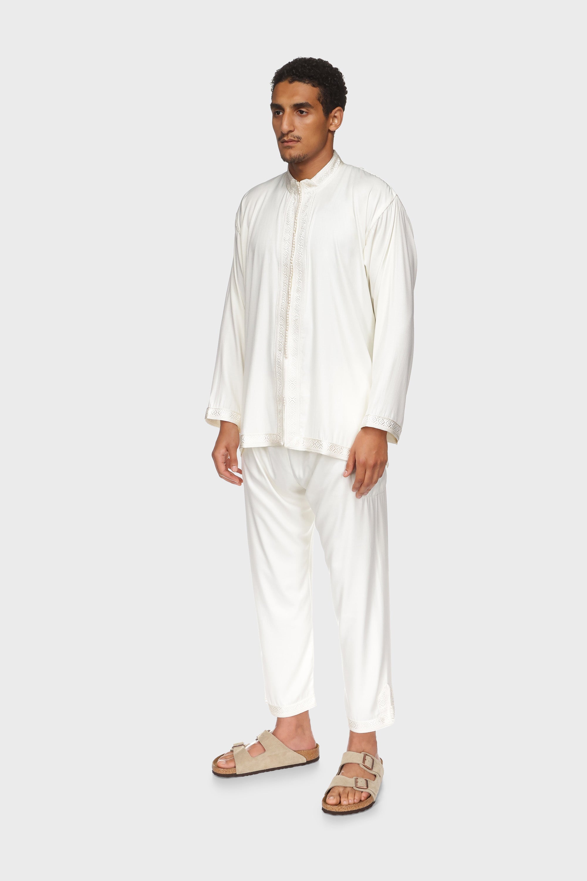 Moroccan Jabador Shirt & Pants Set - Ivory Mens Veiled