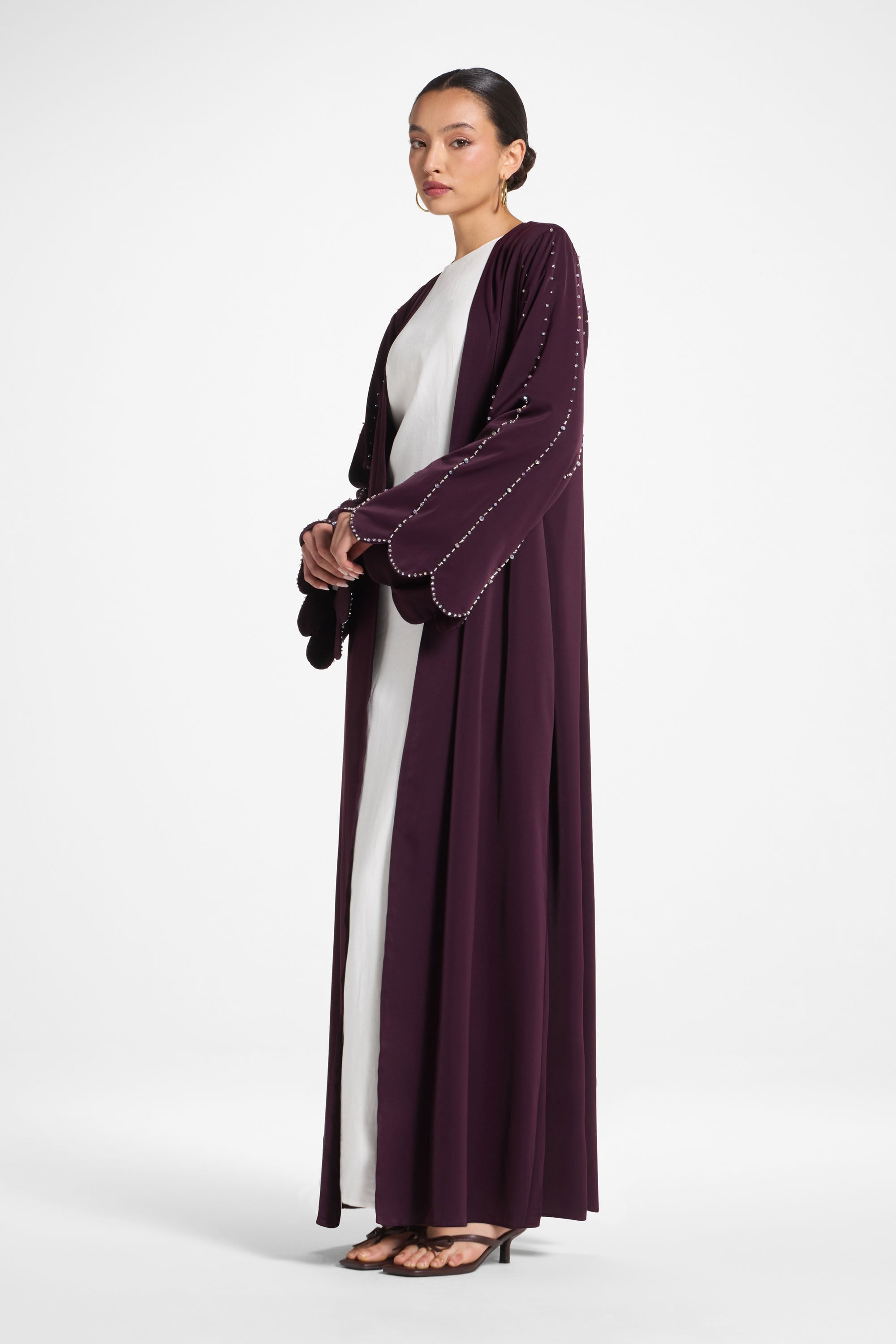 Nada Embellished Open Abaya - Chocolate Plum Abayas Veiled