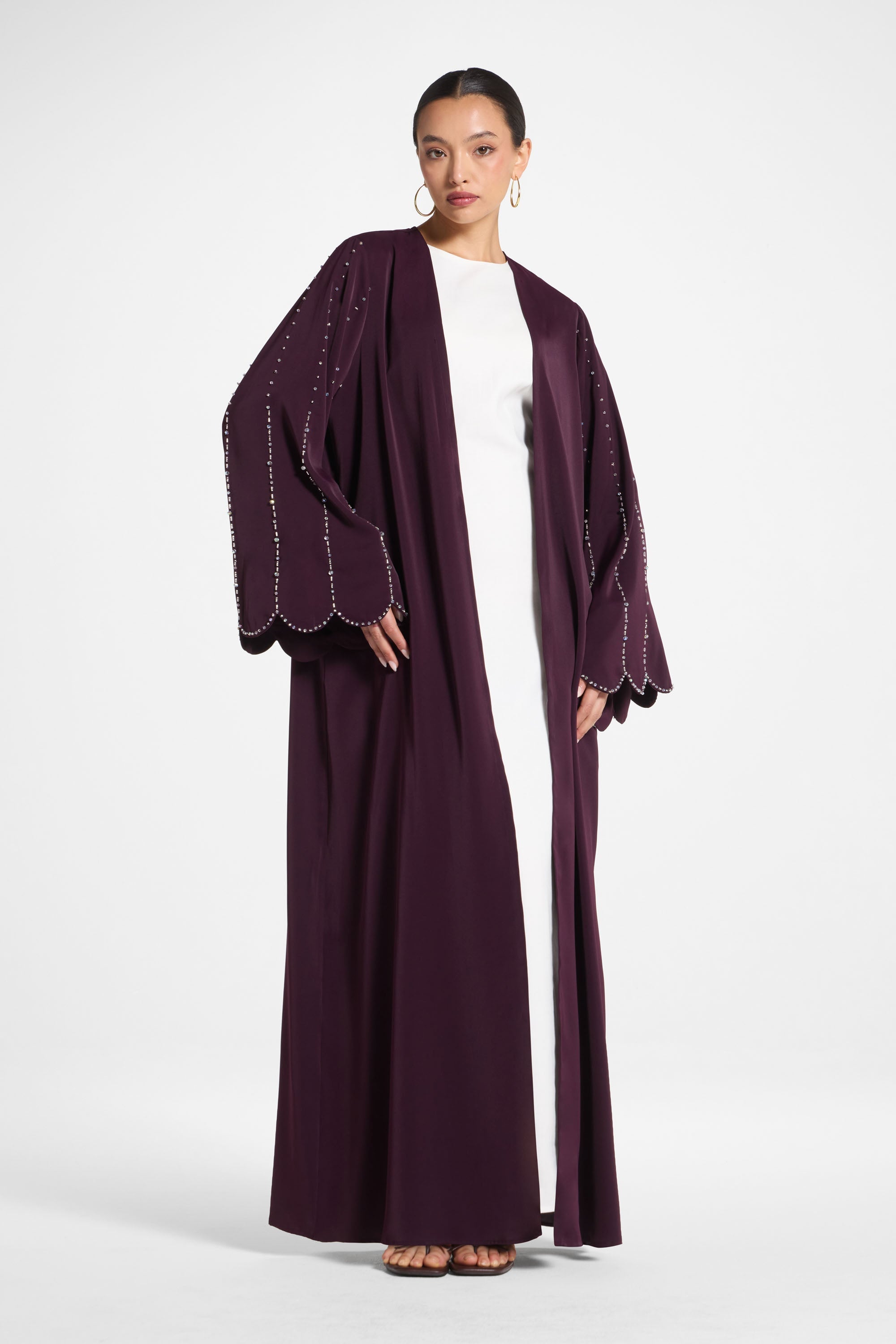 Nada Embellished Open Abaya - Chocolate Plum Abayas Veiled