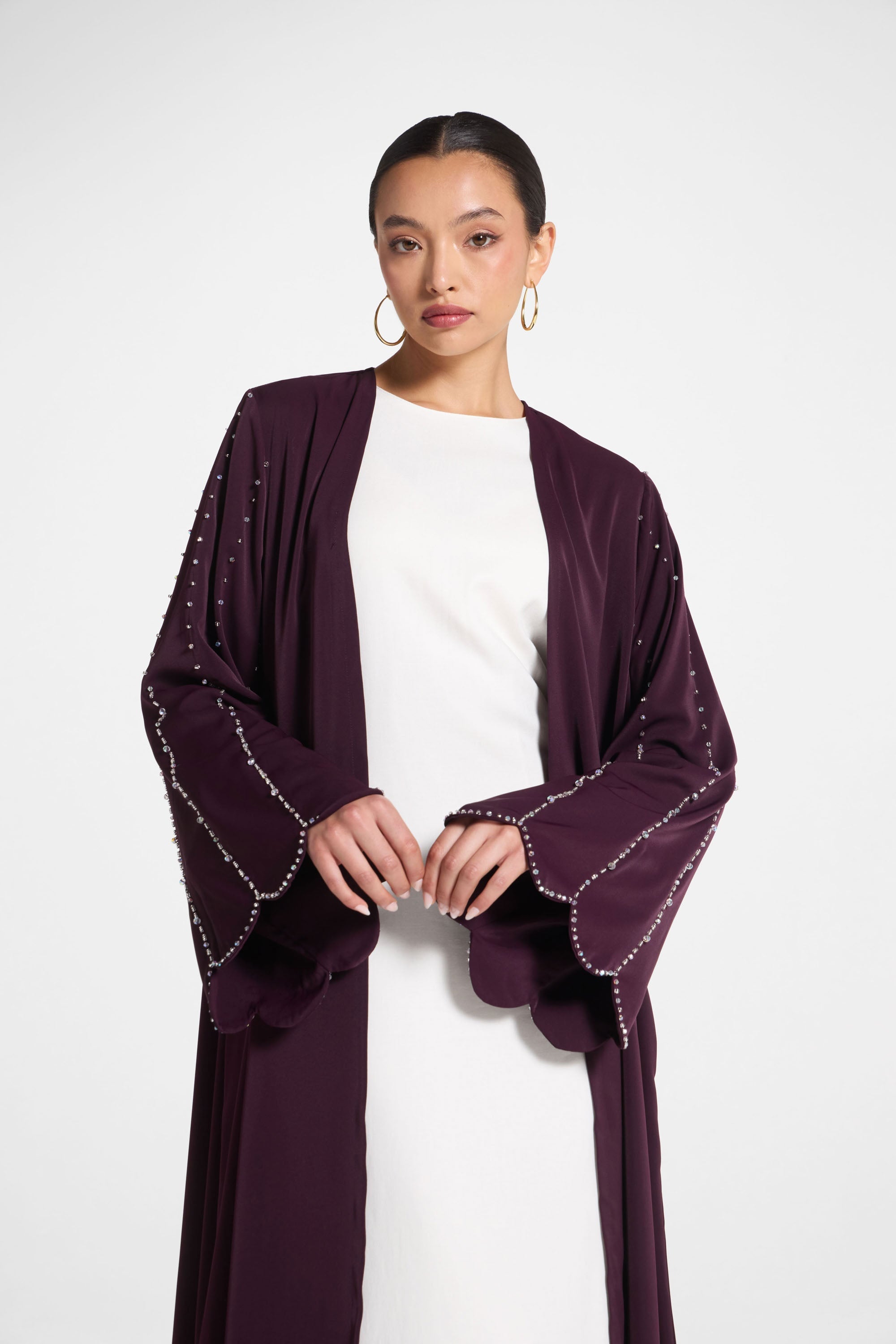 Nada Embellished Open Abaya - Chocolate Plum Abayas Veiled