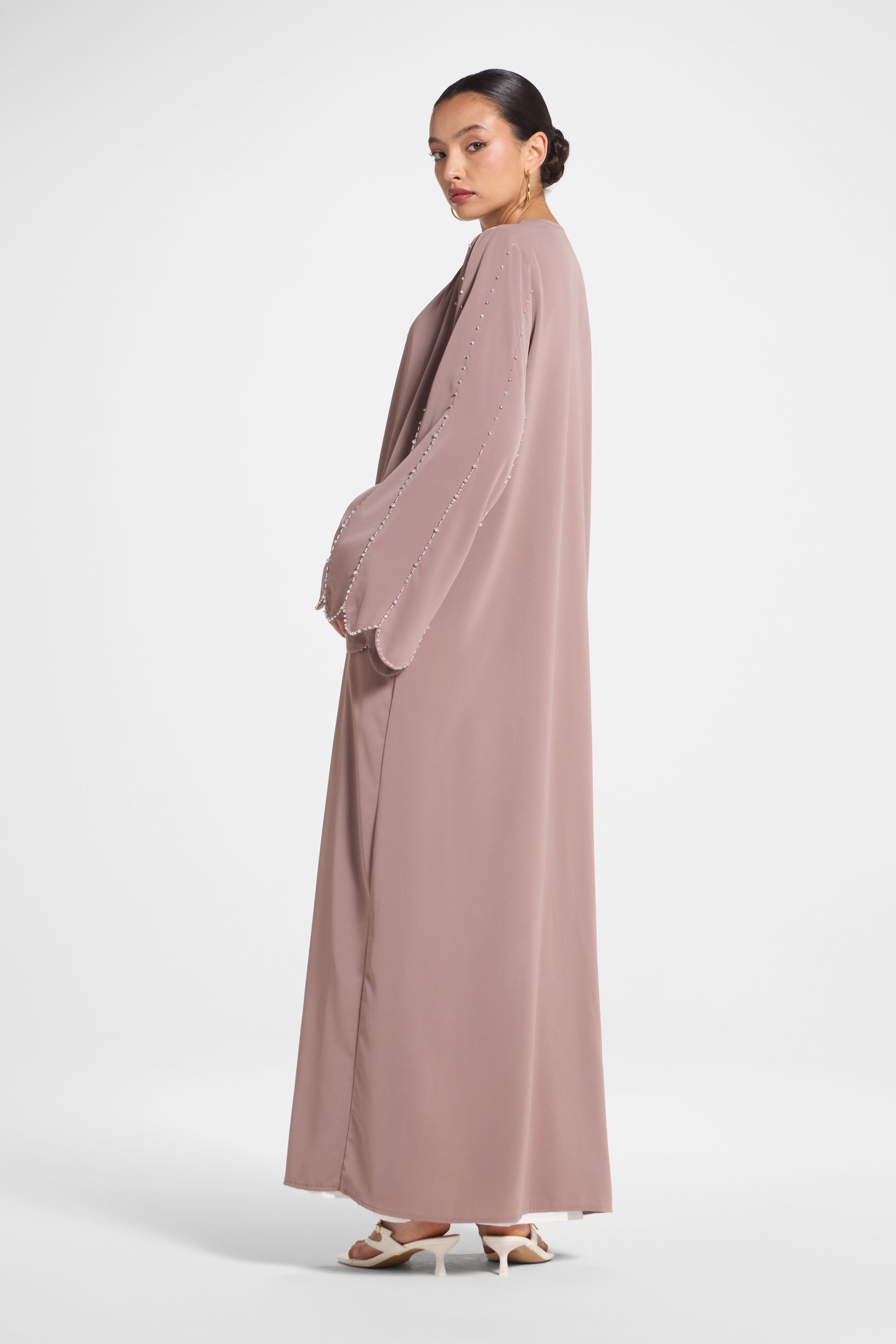 Nada Embellished Open Abaya - Taupe Abayas Veiled