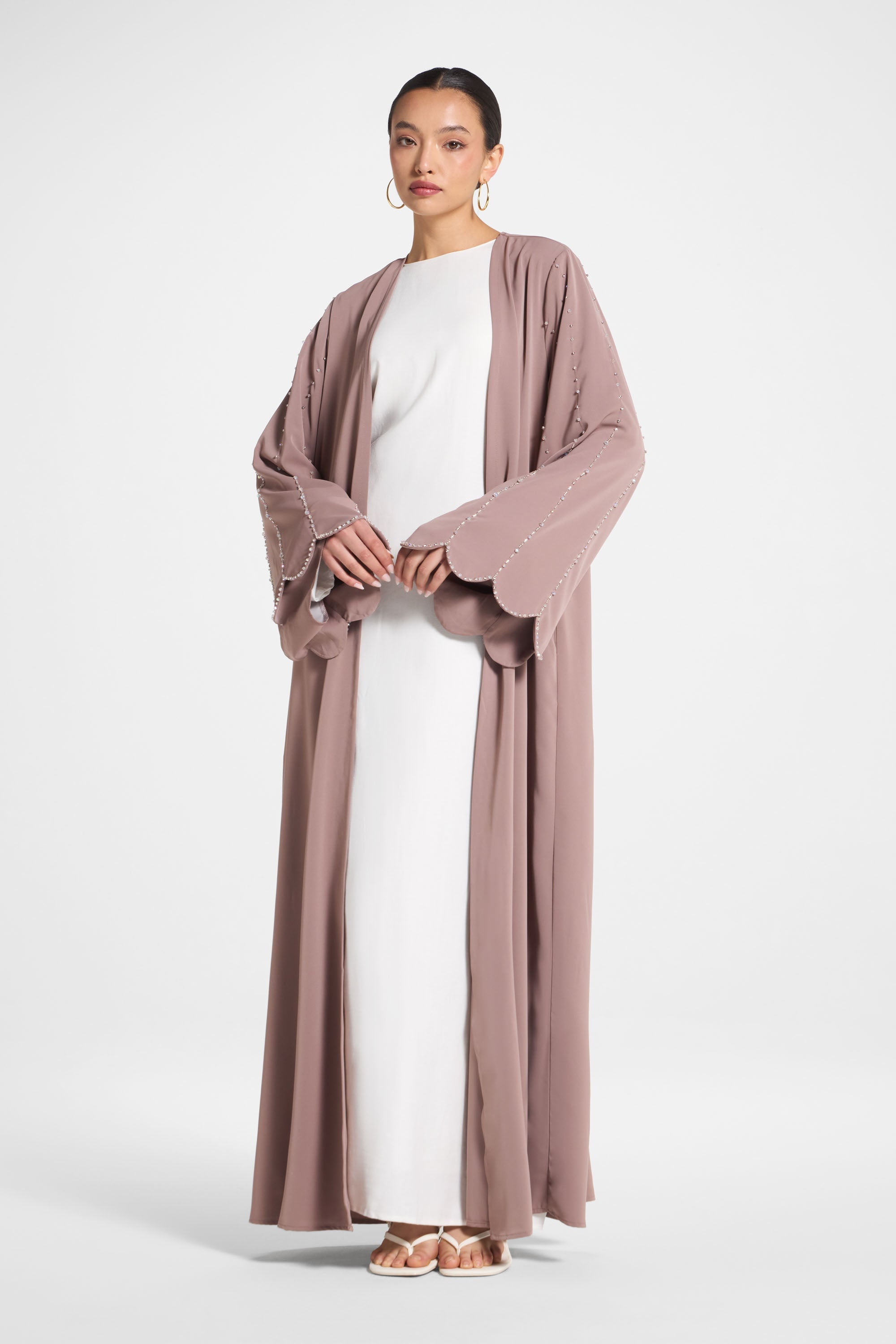 Nada Embellished Open Abaya - Taupe Abayas Veiled