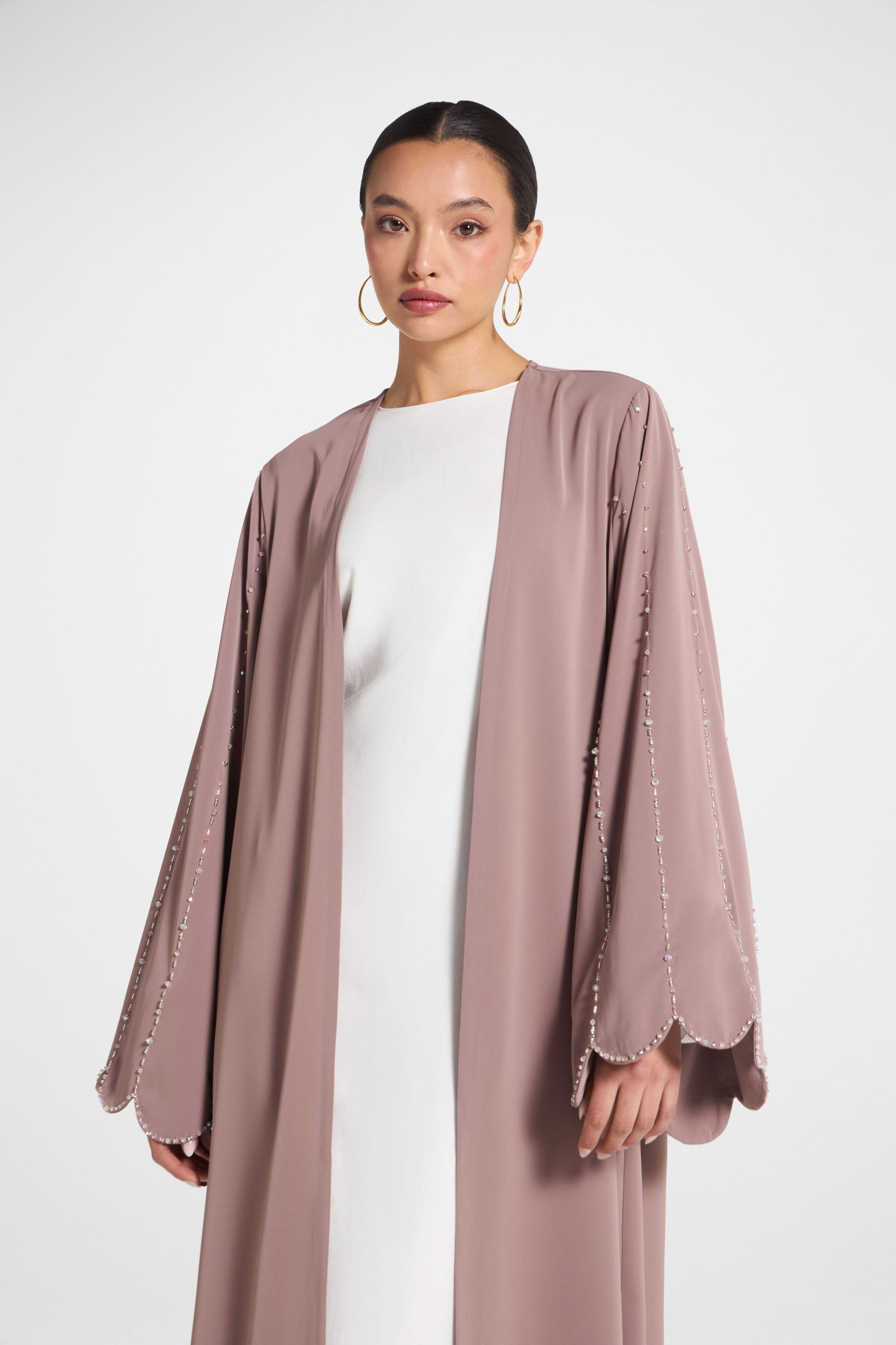Nada Embellished Open Abaya - Taupe Abayas Veiled